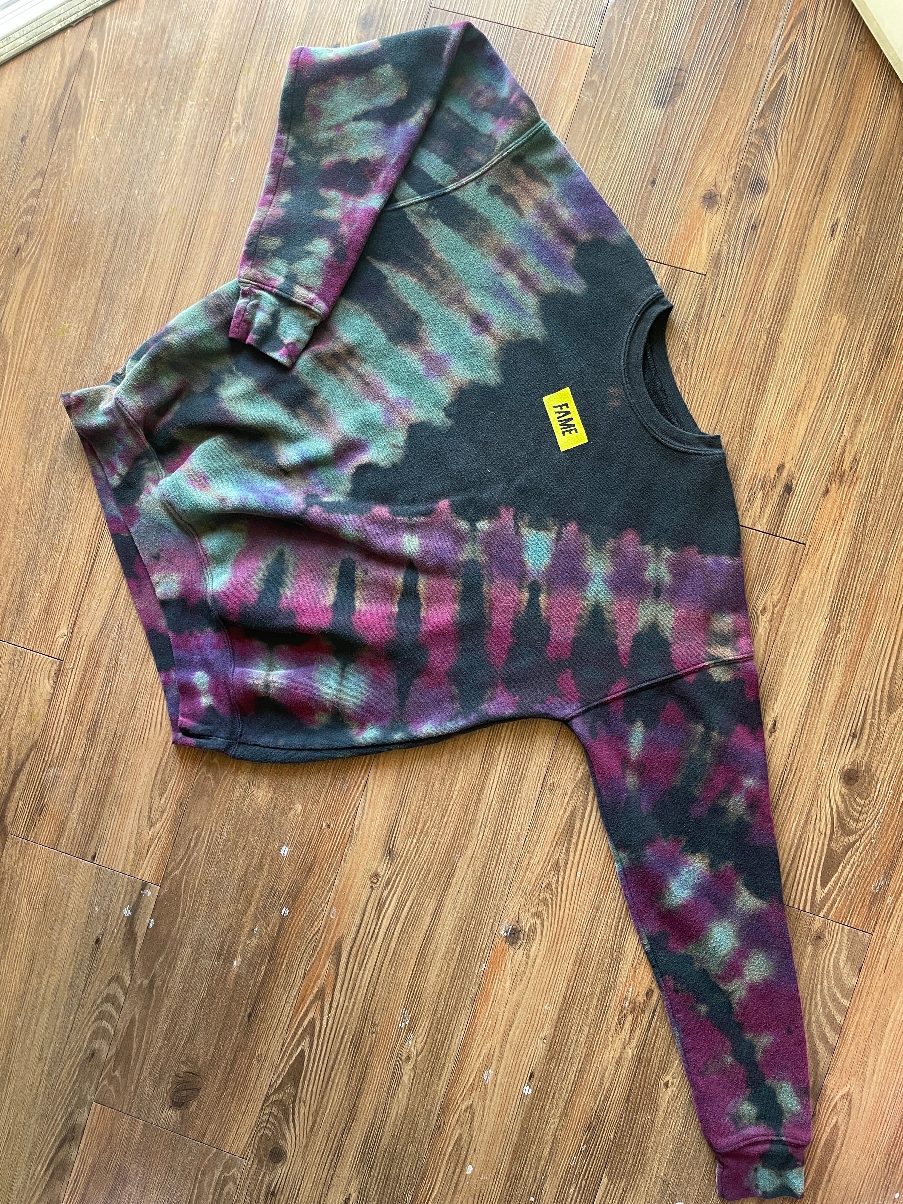 SMALL Men’s Handmade FAME Tie Dye Sweatshirt | One-Of-a-Kind Black, Pink and Teal Long Sleeve