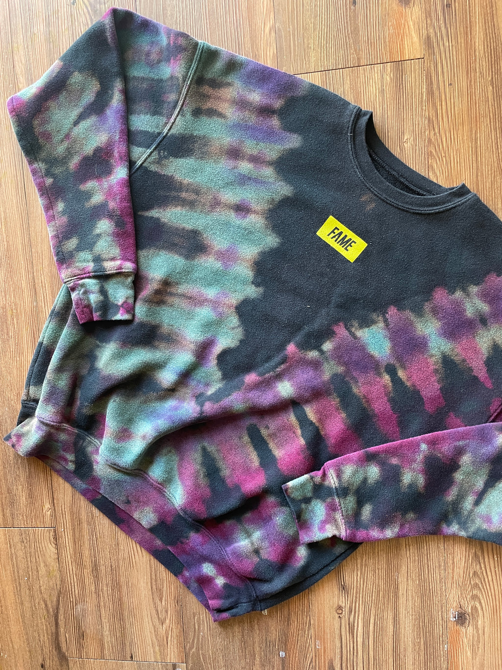 SMALL Men’s Handmade FAME Tie Dye Sweatshirt | One-Of-a-Kind Black, Pink and Teal Long Sleeve