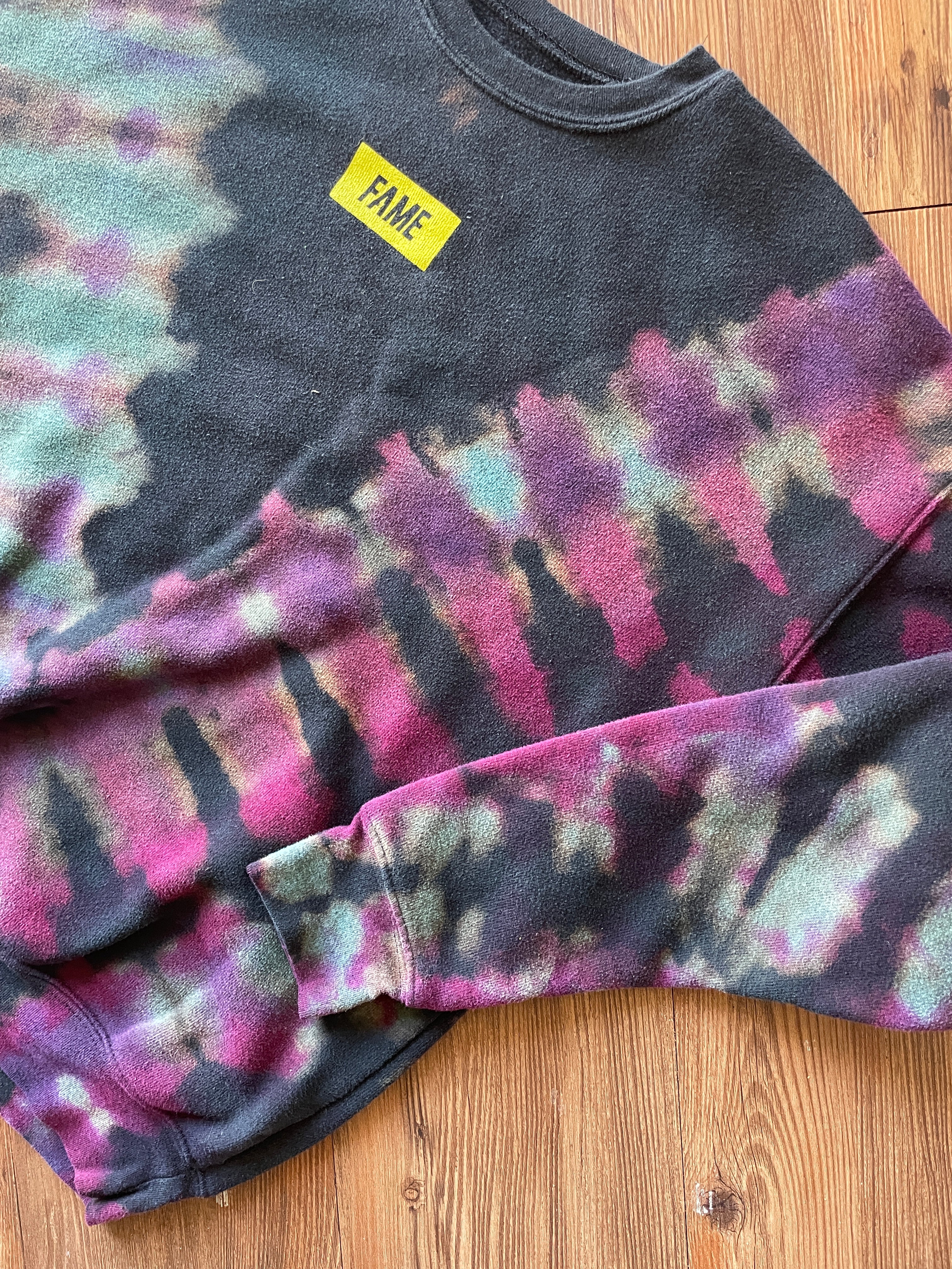 SMALL Men’s Handmade FAME Tie Dye Sweatshirt | One-Of-a-Kind Black, Pink and Teal Long Sleeve