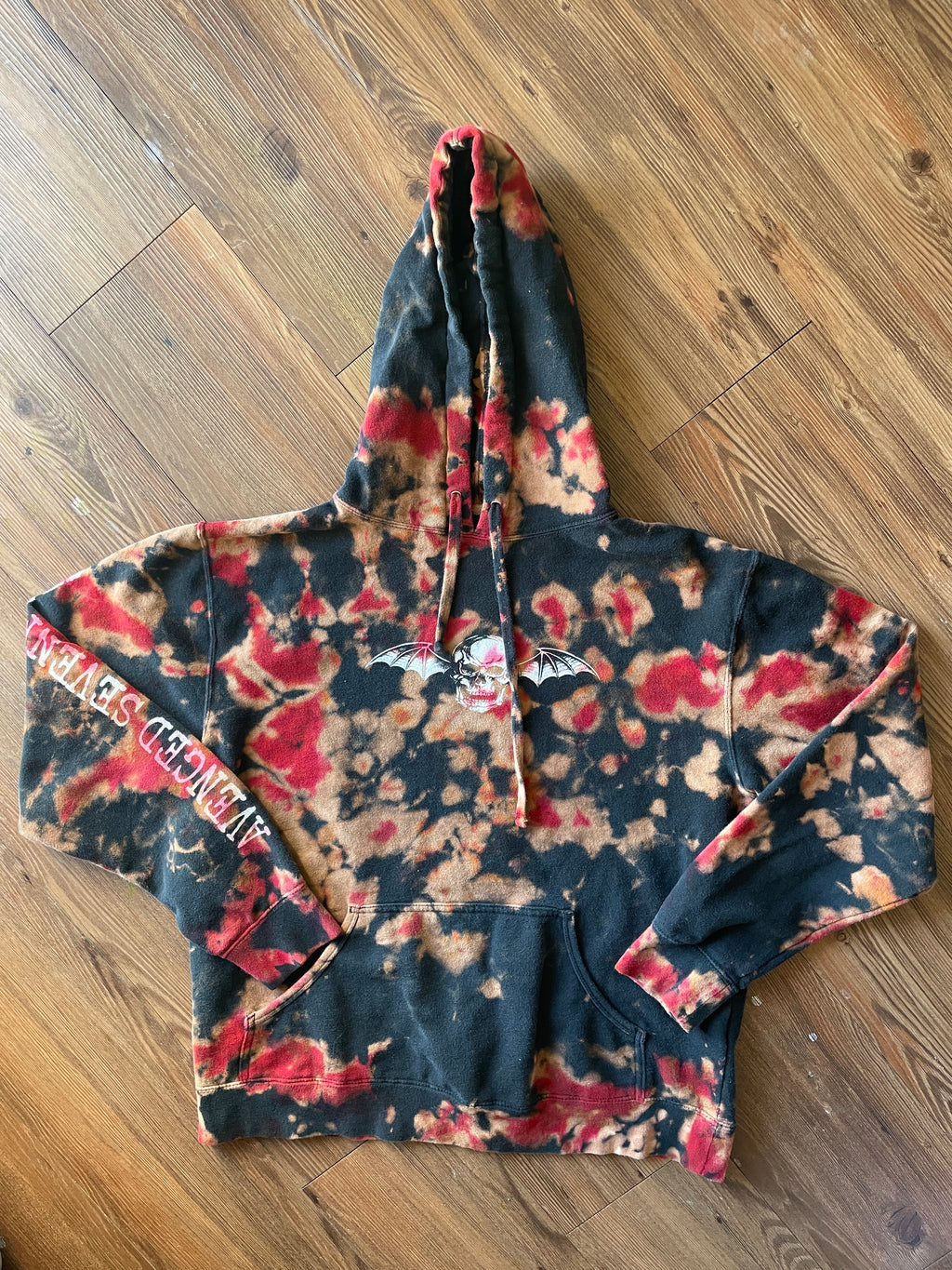 MEDIUM Men’s Avenged Sevenfold Handmade Tie Dye Hoodie | One-Of-a-Kind Red and Black Long Sleeve Sweatshirt