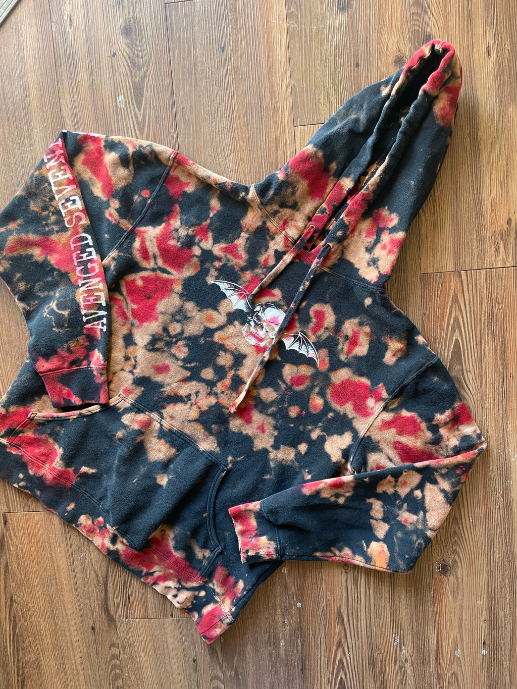 MEDIUM Men’s Avenged Sevenfold Handmade Tie Dye Hoodie | One-Of-a-Kind Red and Black Long Sleeve Sweatshirt