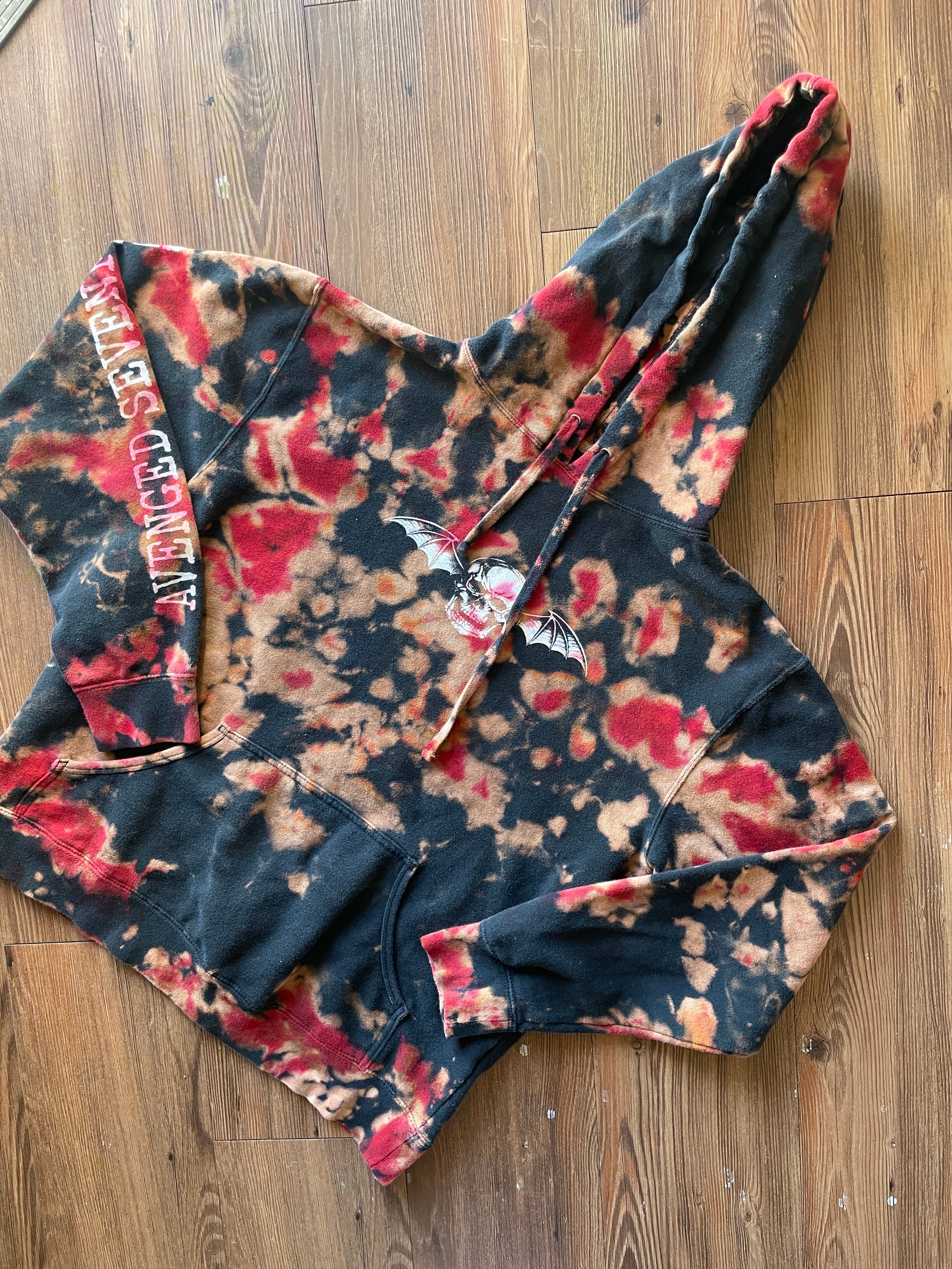 MEDIUM Men’s Avenged Sevenfold Handmade Tie Dye Hoodie | One-Of-a-Kind Red and Black Long Sleeve Sweatshirt