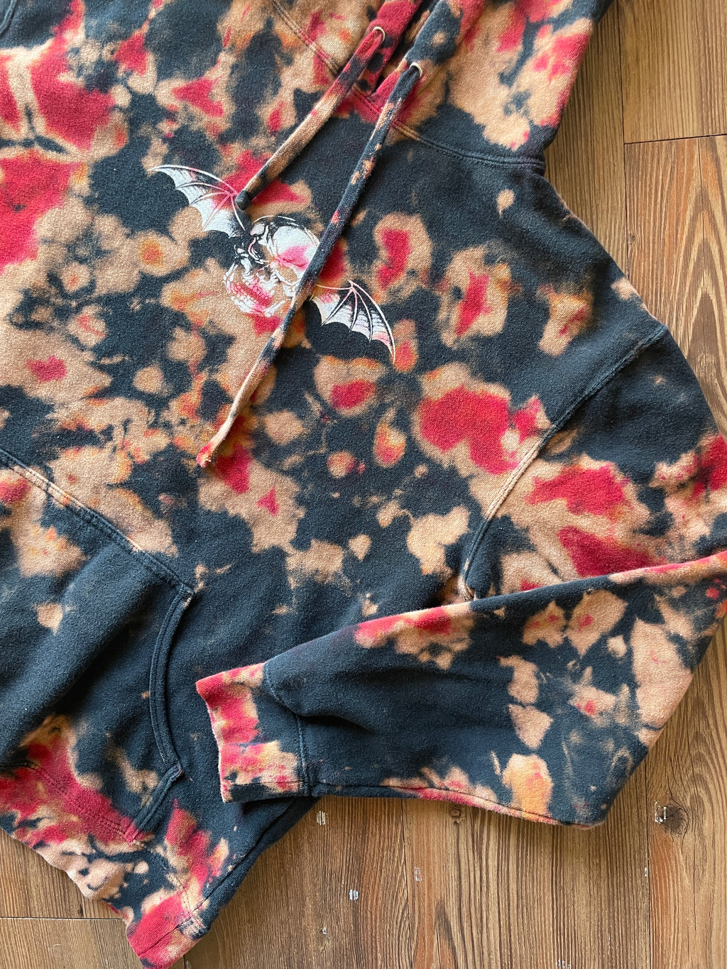 MEDIUM Men’s Avenged Sevenfold Handmade Tie Dye Hoodie | One-Of-a-Kind Red and Black Long Sleeve Sweatshirt