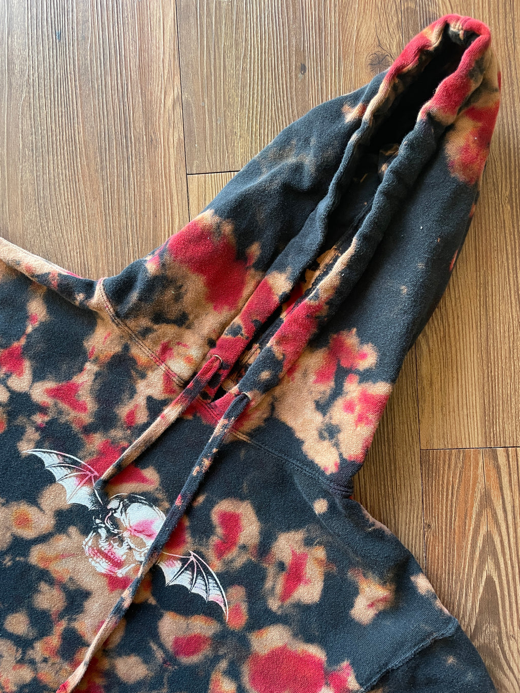MEDIUM Men’s Avenged Sevenfold Handmade Tie Dye Hoodie | One-Of-a-Kind Red and Black Long Sleeve Sweatshirt