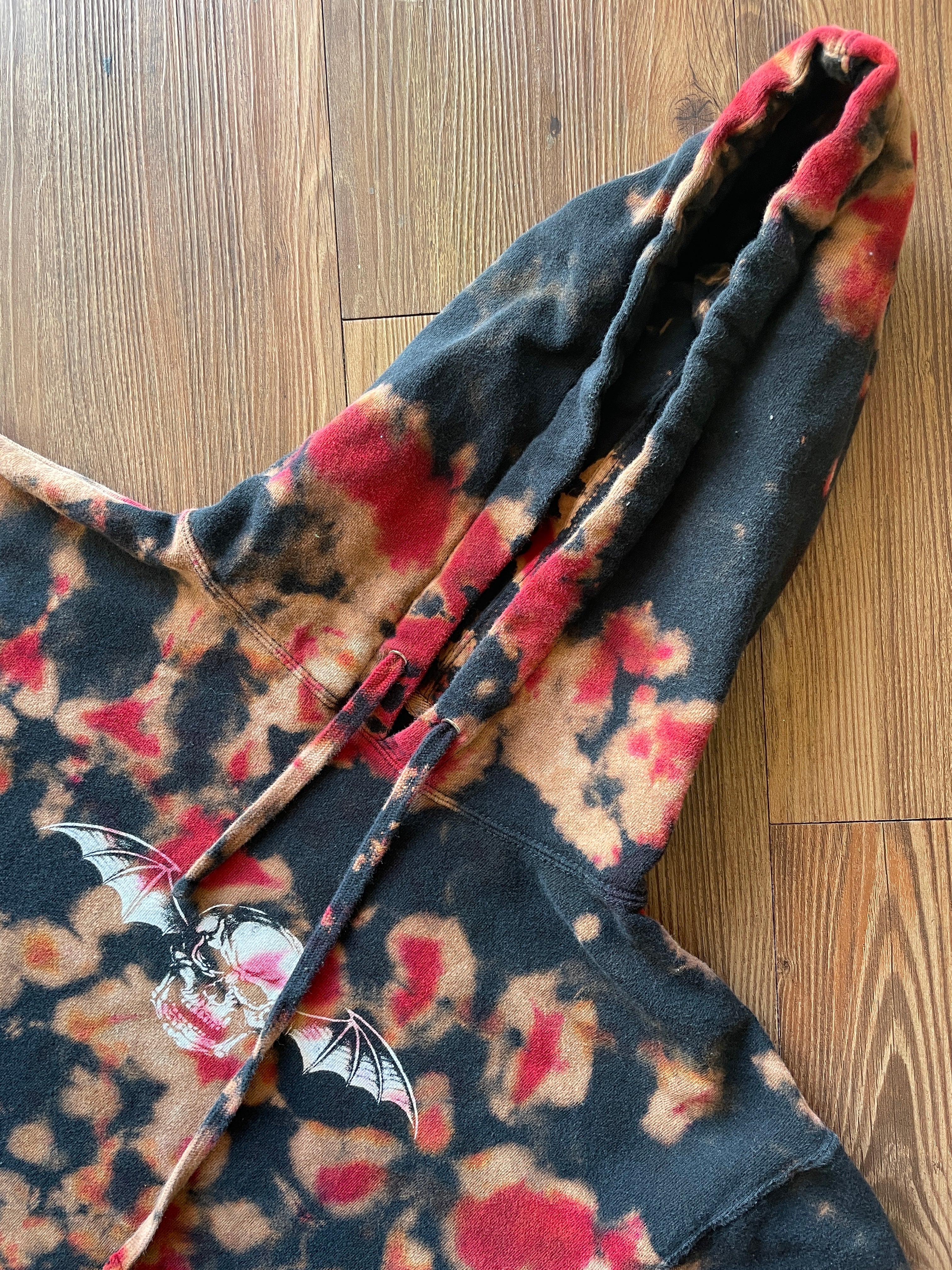 MEDIUM Men’s Avenged Sevenfold Handmade Tie Dye Hoodie | One-Of-a-Kind Red and Black Long Sleeve Sweatshirt