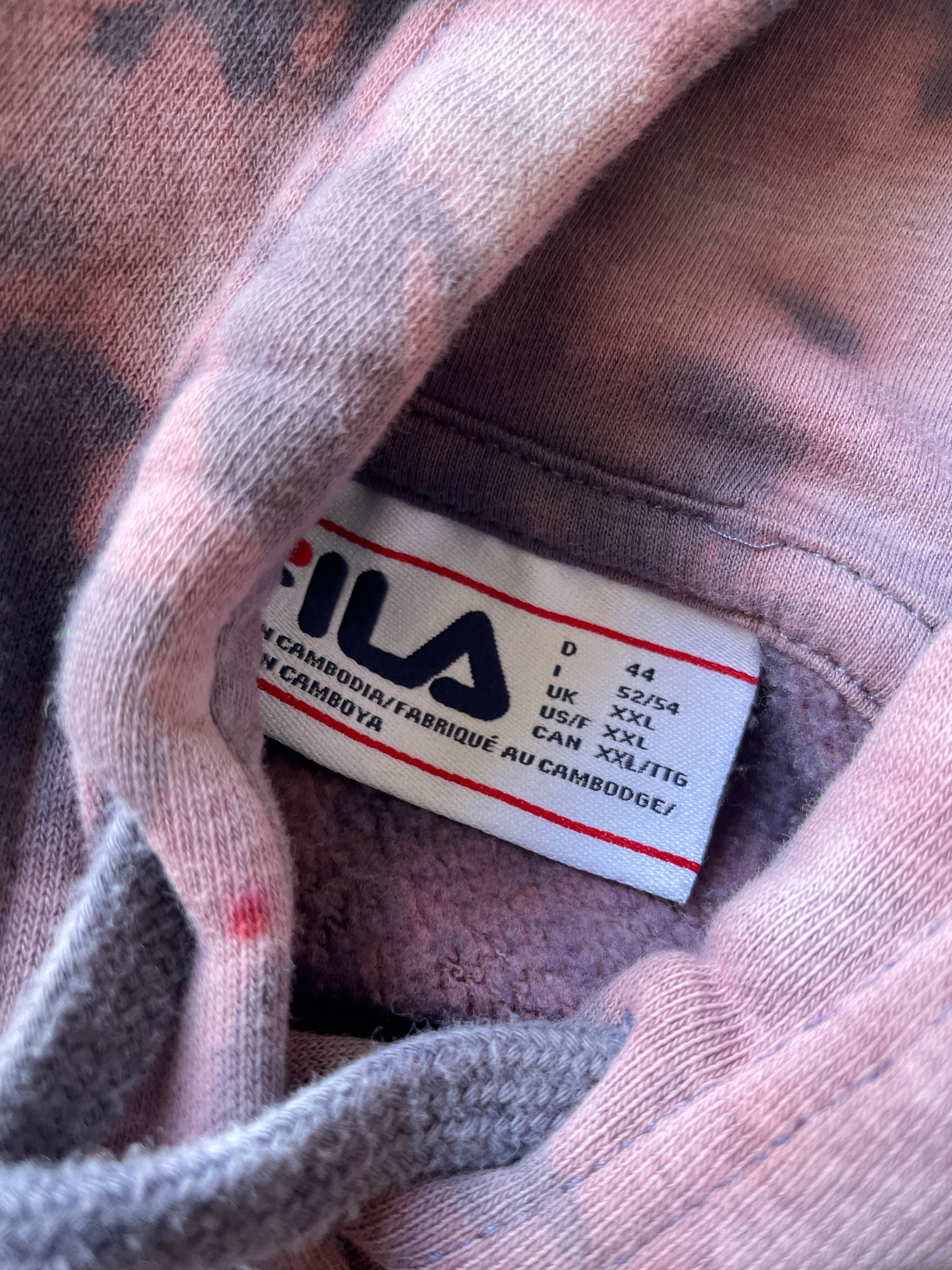 LARGE Men’s Handmade Fila Tie Dye Hoodie | One-Of-a-Kind Pastel Purple and Gray Long Sleeve Sweatshirt