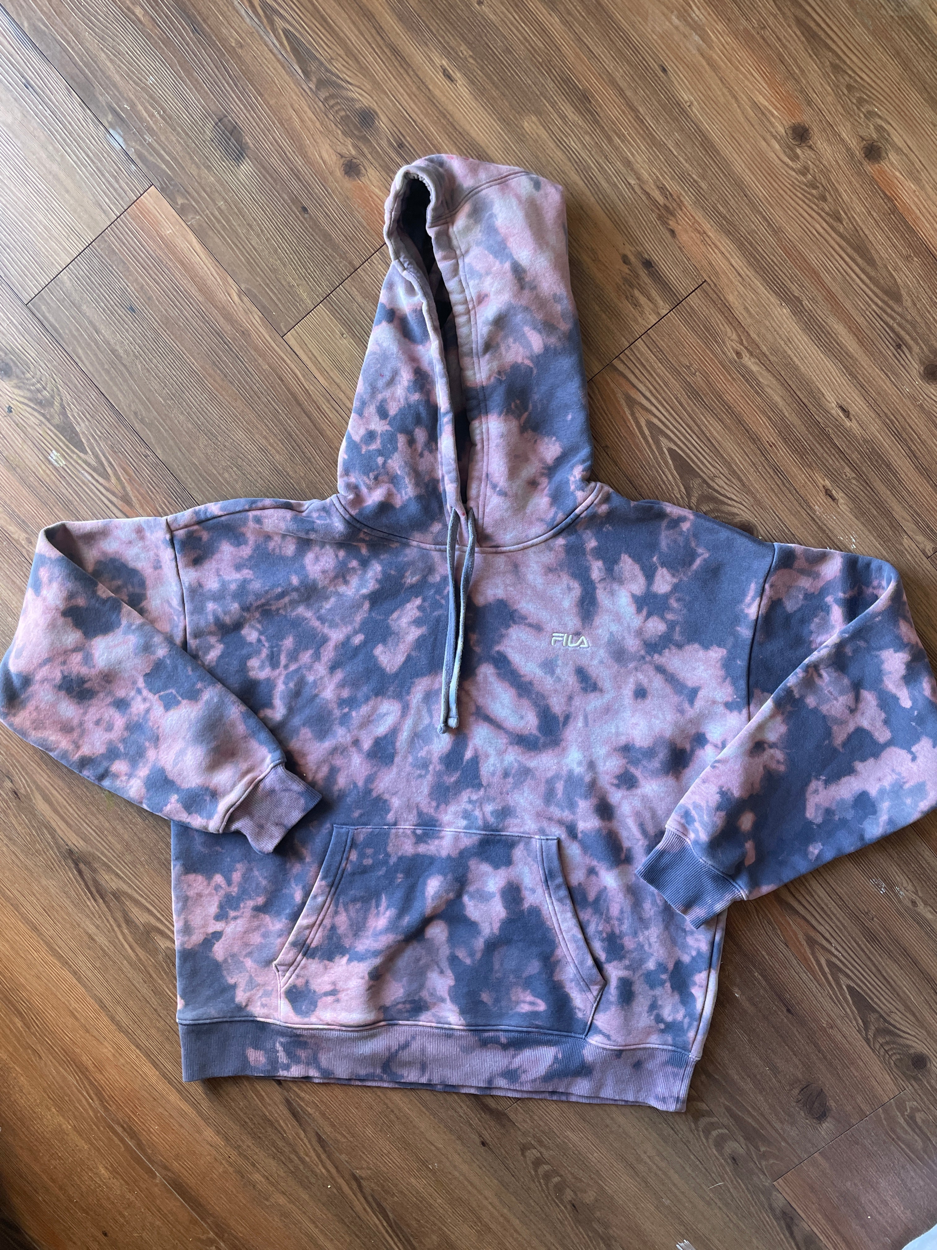 LARGE Men’s Handmade Fila Tie Dye Hoodie | One-Of-a-Kind Pastel Purple and Gray Long Sleeve Sweatshirt