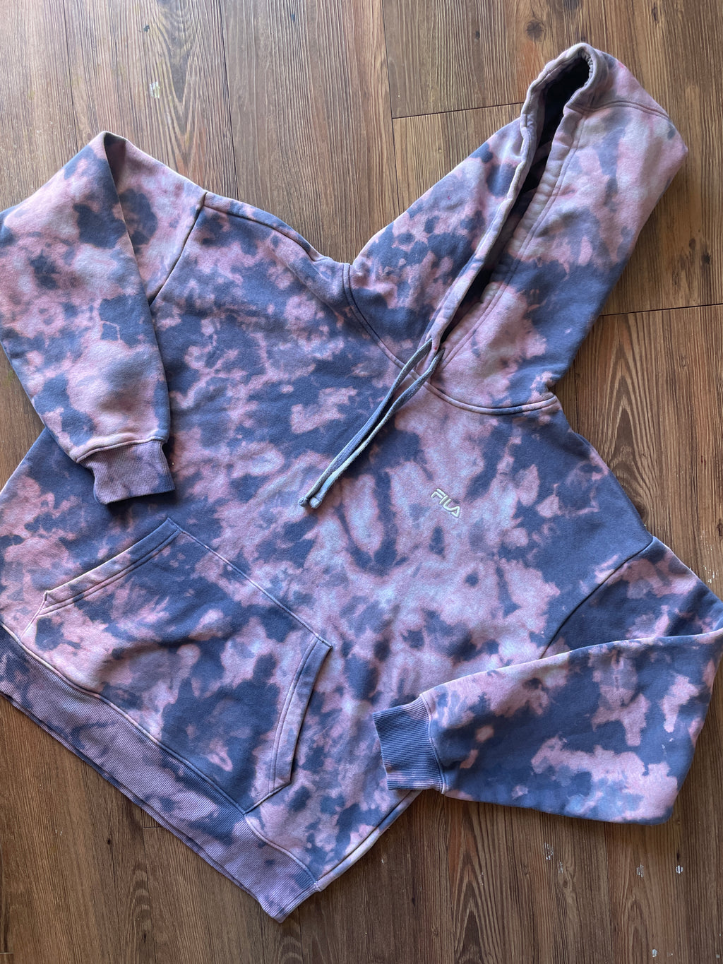 LARGE Men’s Handmade Fila Tie Dye Hoodie | One-Of-a-Kind Pastel Purple and Gray Long Sleeve Sweatshirt