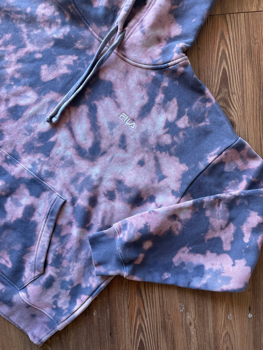 LARGE Men’s Handmade Fila Tie Dye Hoodie | One-Of-a-Kind Pastel Purple and Gray Long Sleeve Sweatshirt