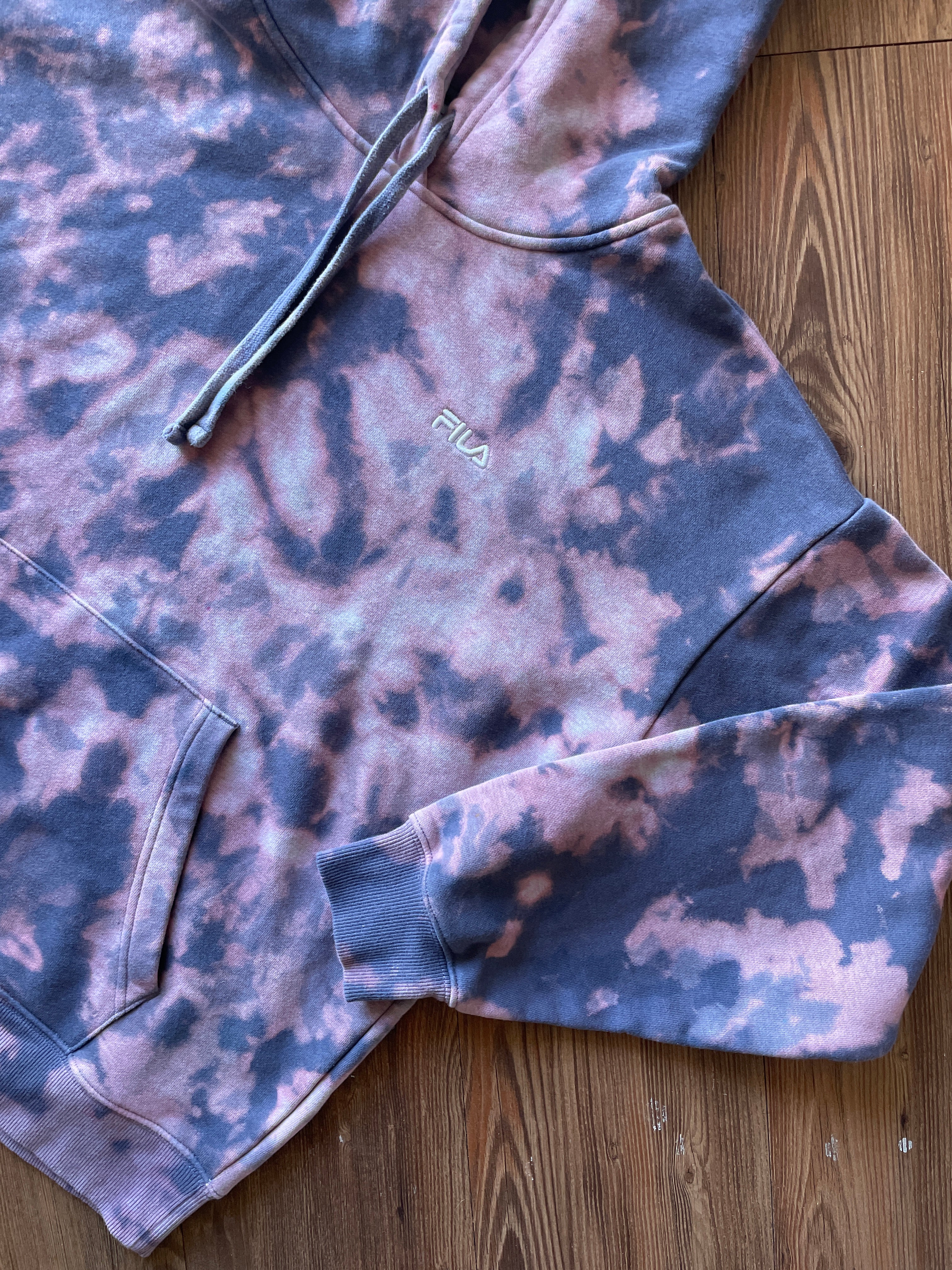LARGE Men’s Handmade Fila Tie Dye Hoodie | One-Of-a-Kind Pastel Purple and Gray Long Sleeve Sweatshirt