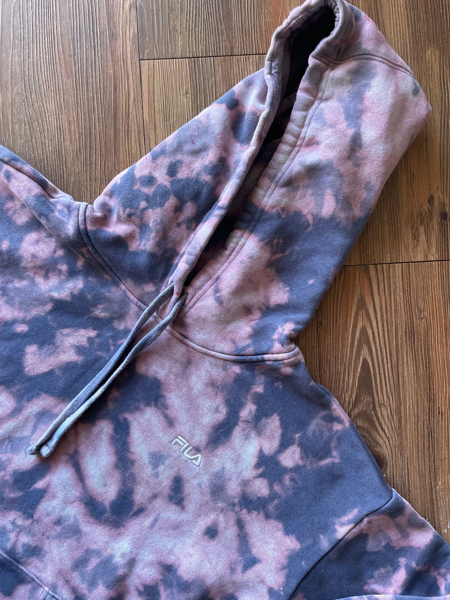 LARGE Men’s Handmade Fila Tie Dye Hoodie | One-Of-a-Kind Pastel Purple and Gray Long Sleeve Sweatshirt