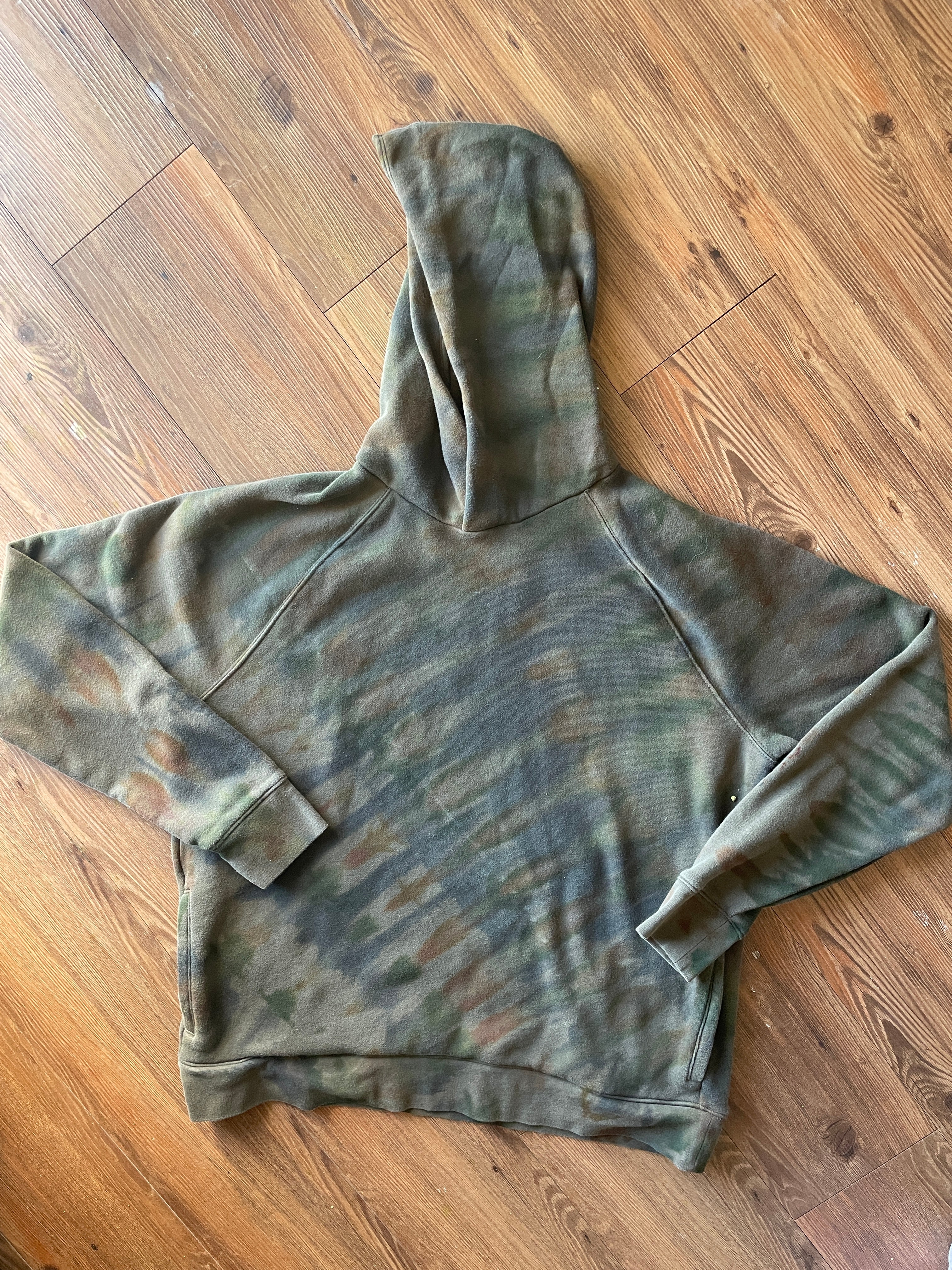 XL Men’s Handmade Earth Tones Tie Dye Hoodie | One-Of-a-Kind Olive Green and Gray Long Sleeve Sweatshirt