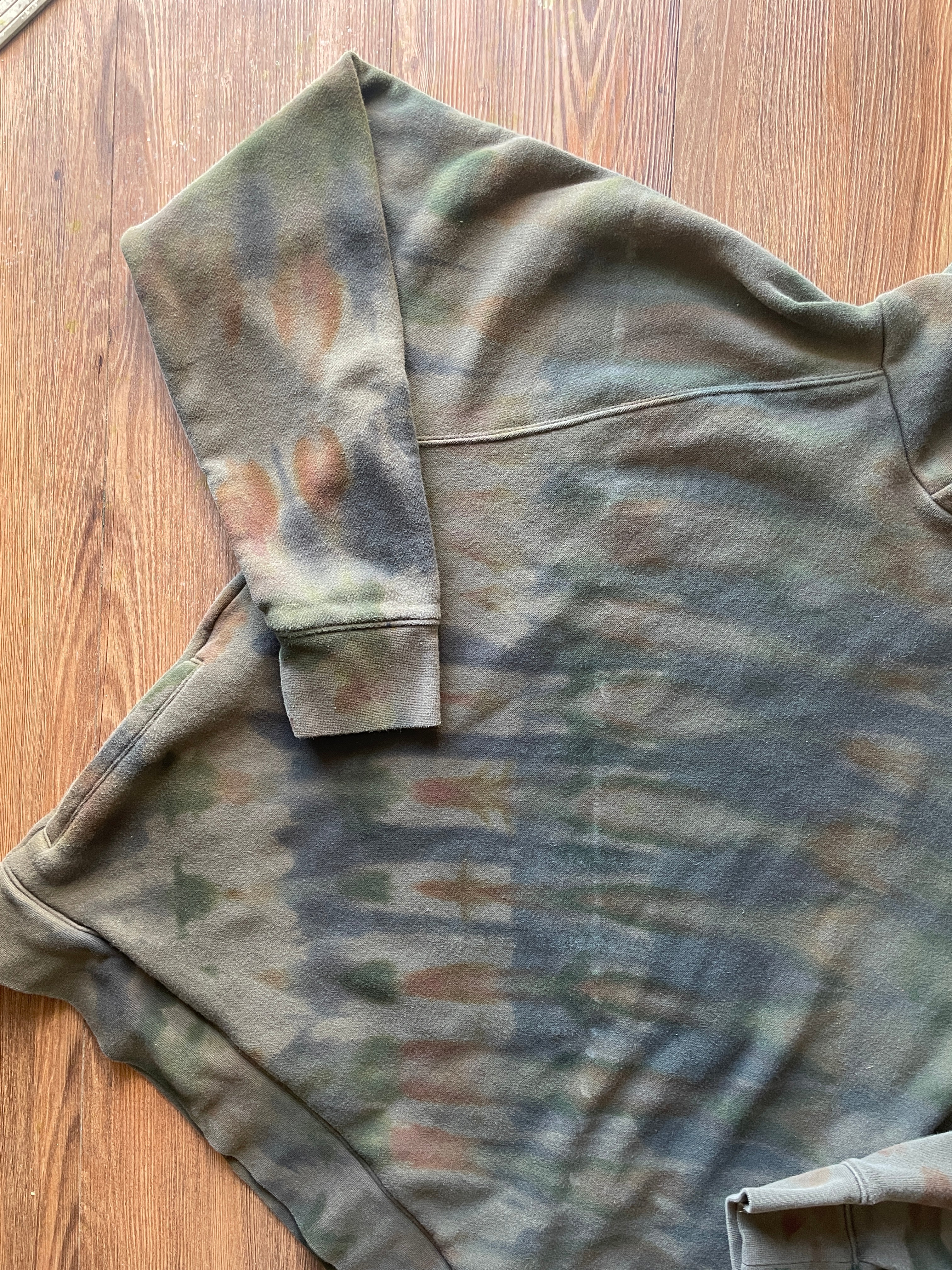 XL Men’s Handmade Earth Tones Tie Dye Hoodie | One-Of-a-Kind Olive Green and Gray Long Sleeve Sweatshirt