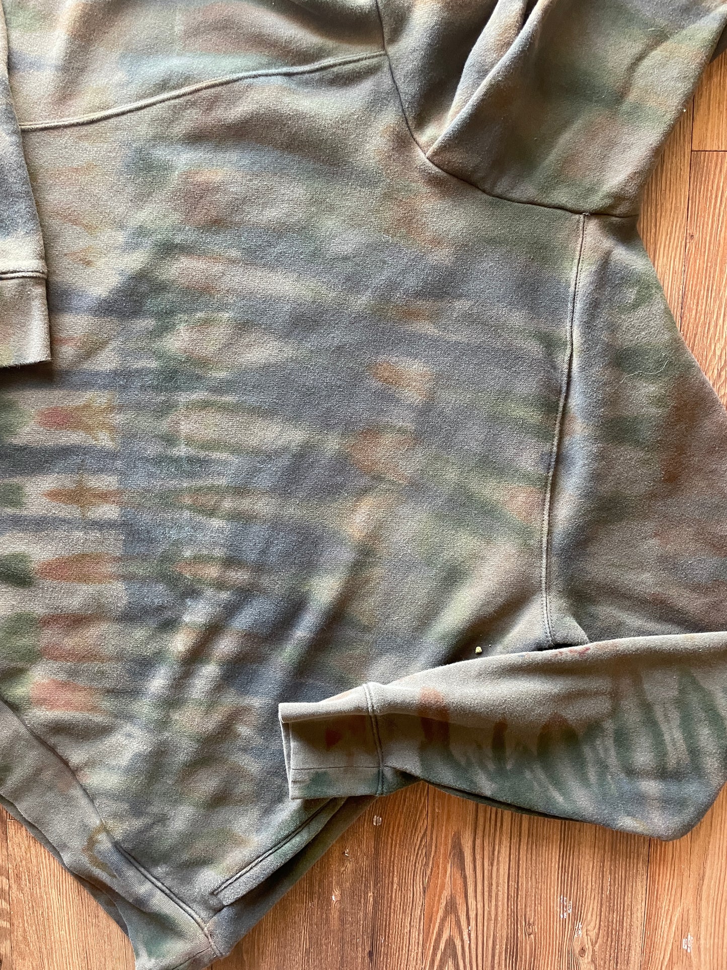 XL Men’s Handmade Earth Tones Tie Dye Hoodie | One-Of-a-Kind Olive Green and Gray Long Sleeve Sweatshirt