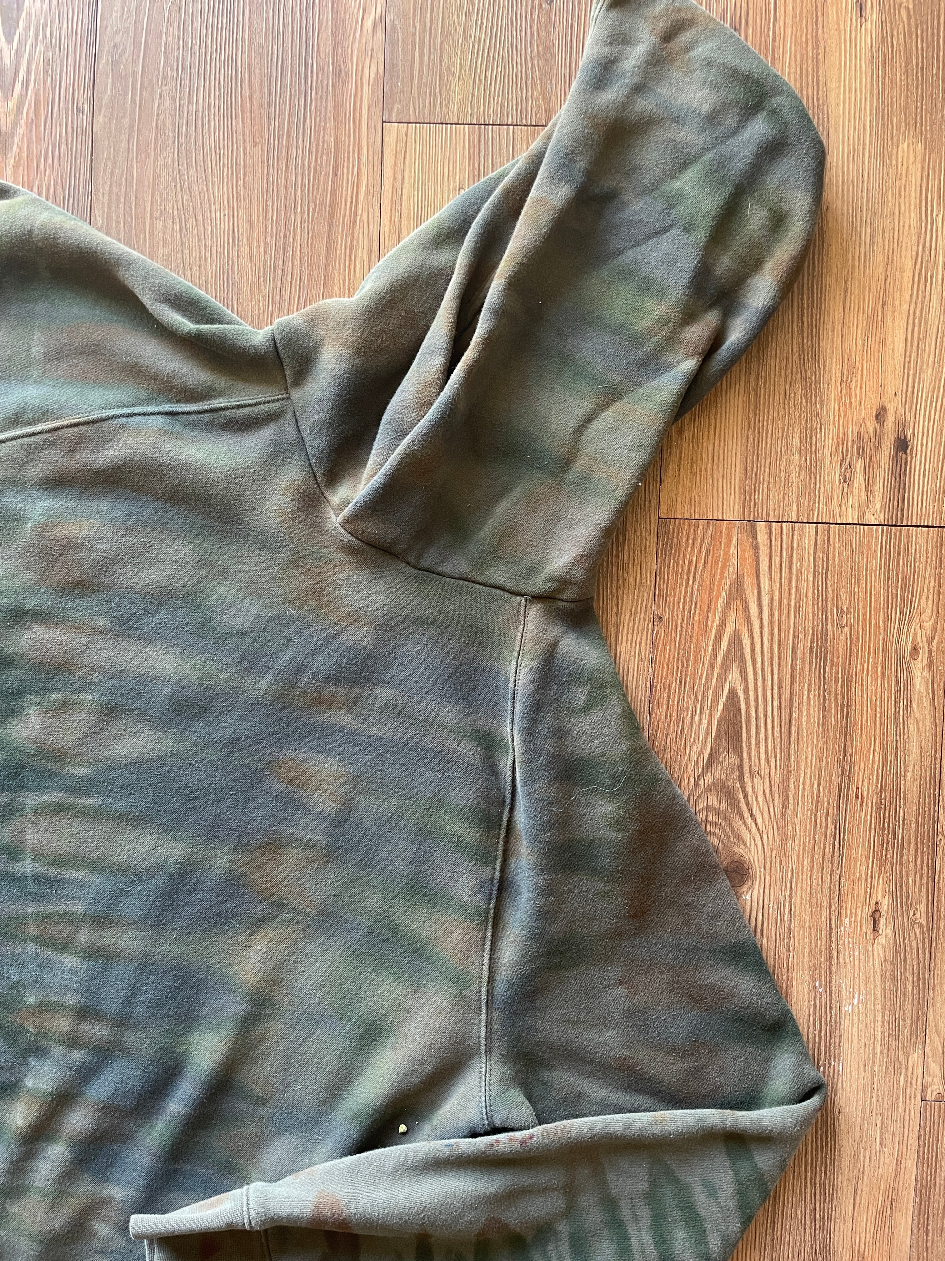 XL Men’s Handmade Earth Tones Tie Dye Hoodie | One-Of-a-Kind Olive Green and Gray Long Sleeve Sweatshirt