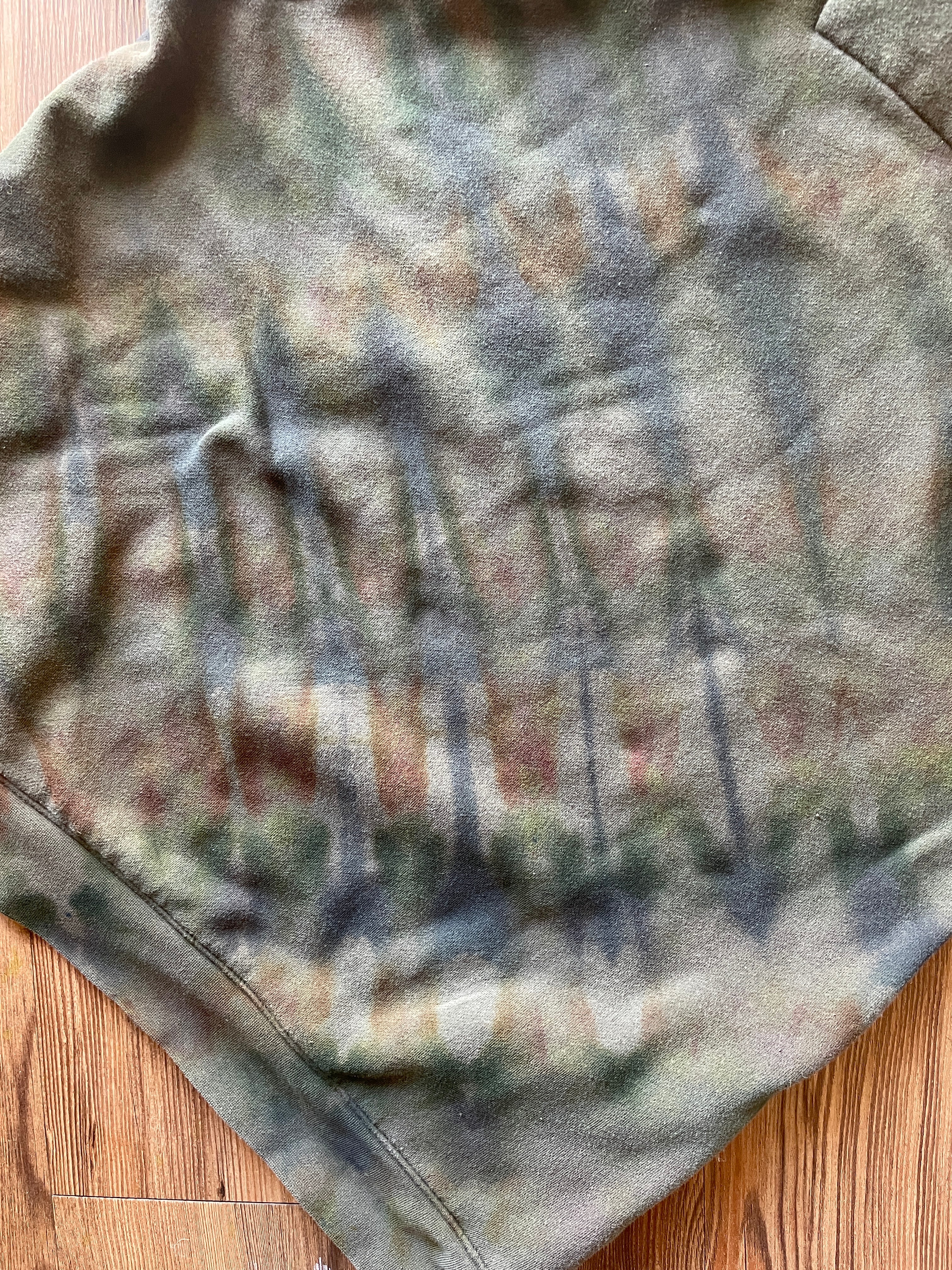 XL Men’s Handmade Earth Tones Tie Dye Hoodie | One-Of-a-Kind Olive Green and Gray Long Sleeve Sweatshirt