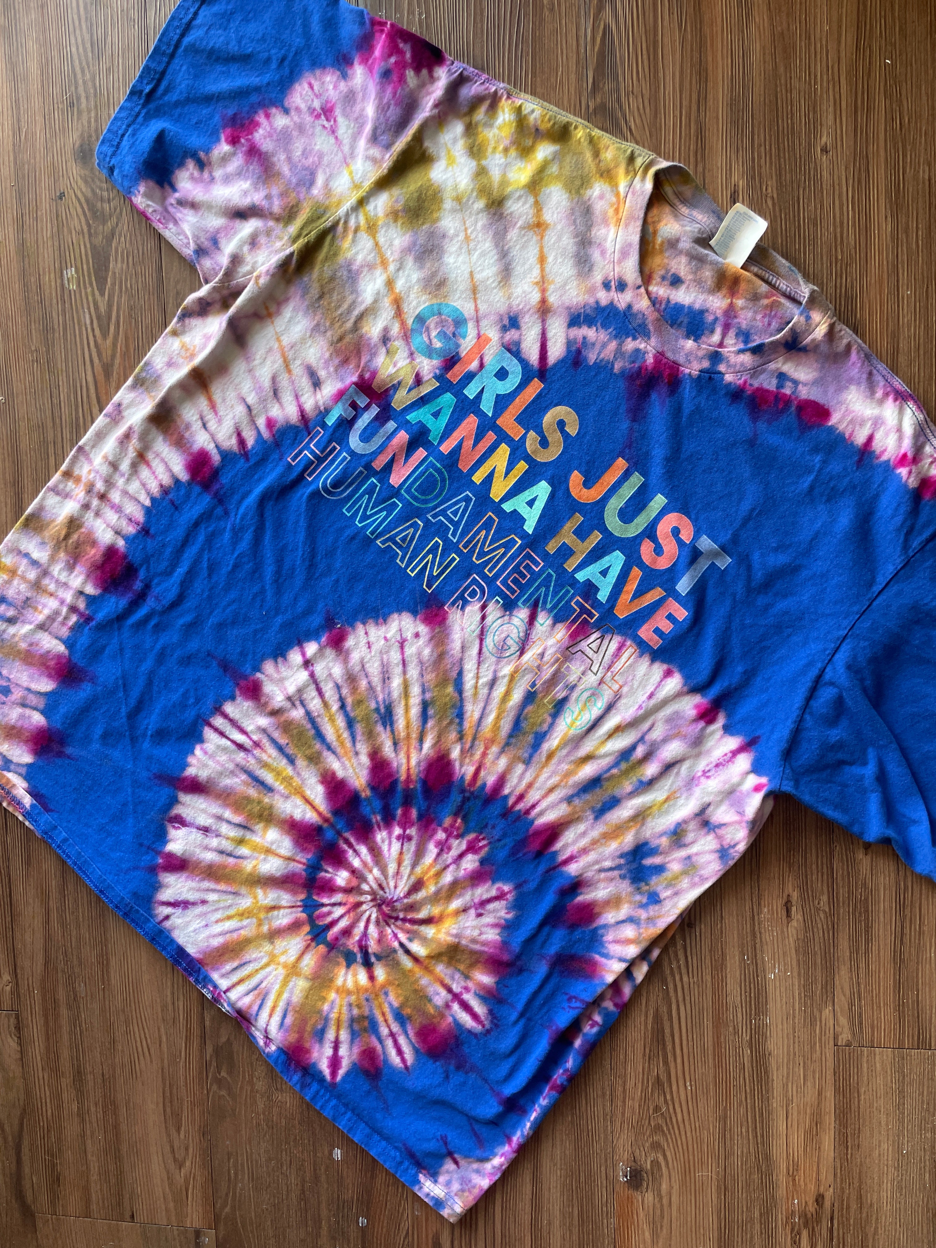 3XL Men’s Girls Just Wanna Have Fundamental Rights Handmade Tie Dye T-Shirt | One-Of-a-Kind Blue and Pink Spiral Short Sleeve