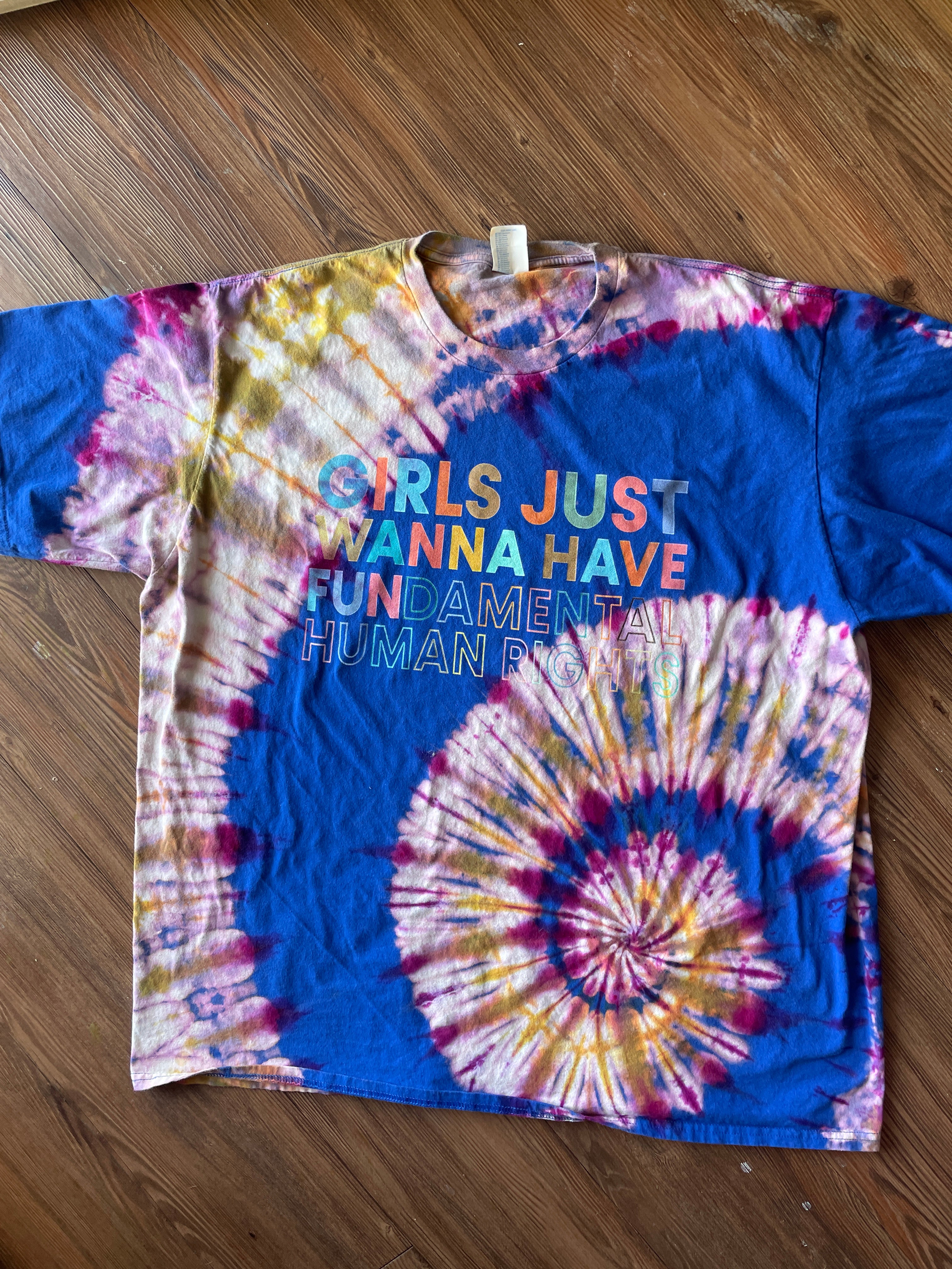 3XL Men’s Girls Just Wanna Have Fundamental Rights Handmade Tie Dye T-Shirt | One-Of-a-Kind Blue and Pink Spiral Short Sleeve