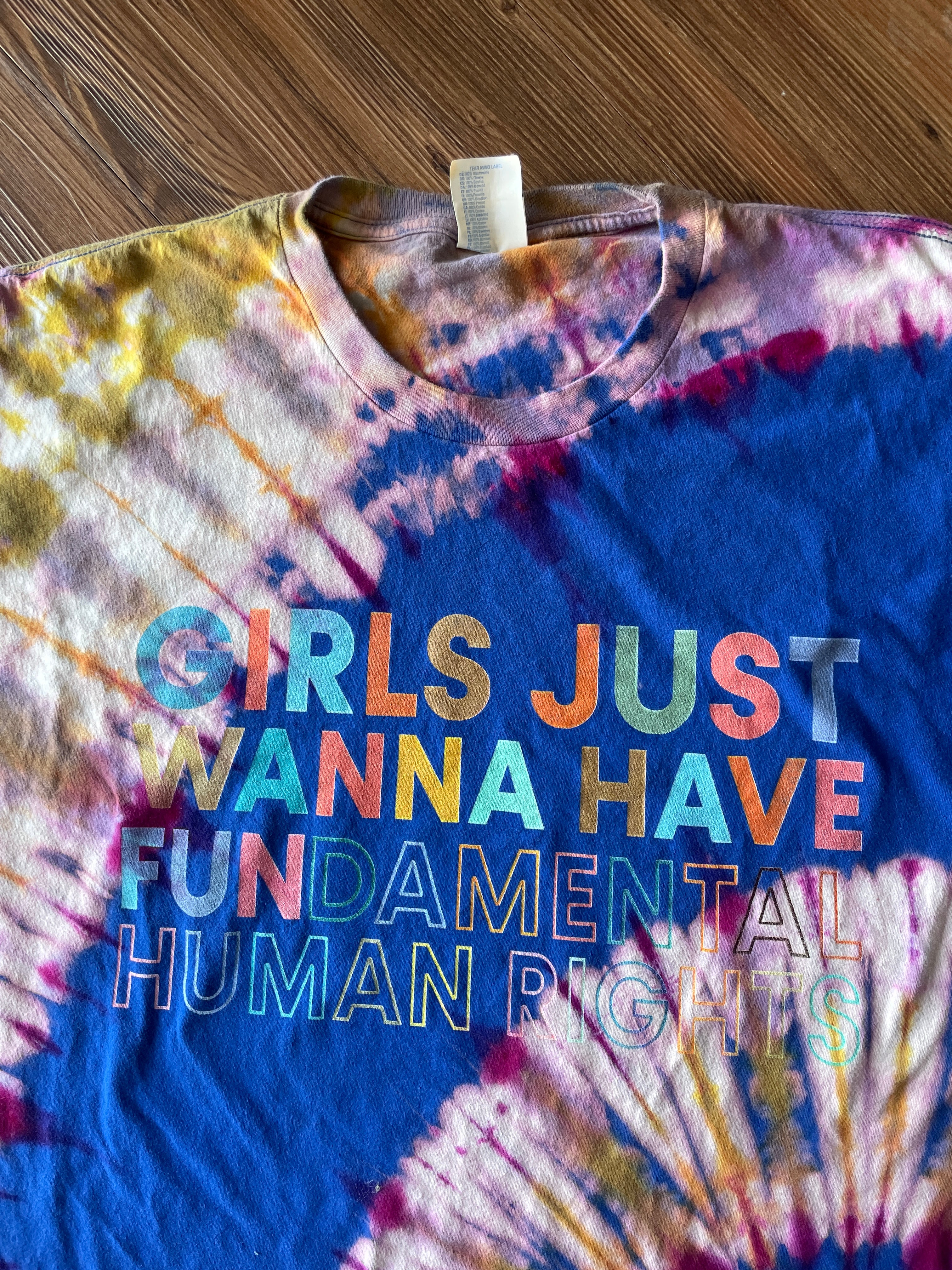 3XL Men’s Girls Just Wanna Have Fundamental Rights Handmade Tie Dye T-Shirt | One-Of-a-Kind Blue and Pink Spiral Short Sleeve