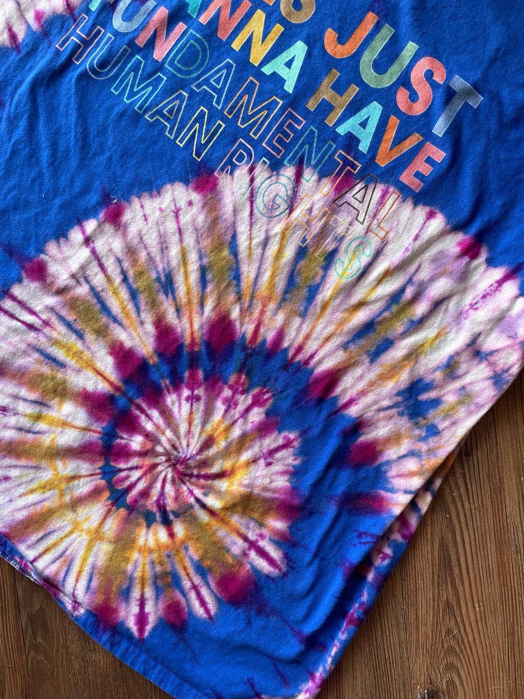 3XL Men’s Girls Just Wanna Have Fundamental Rights Handmade Tie Dye T-Shirt | One-Of-a-Kind Blue and Pink Spiral Short Sleeve