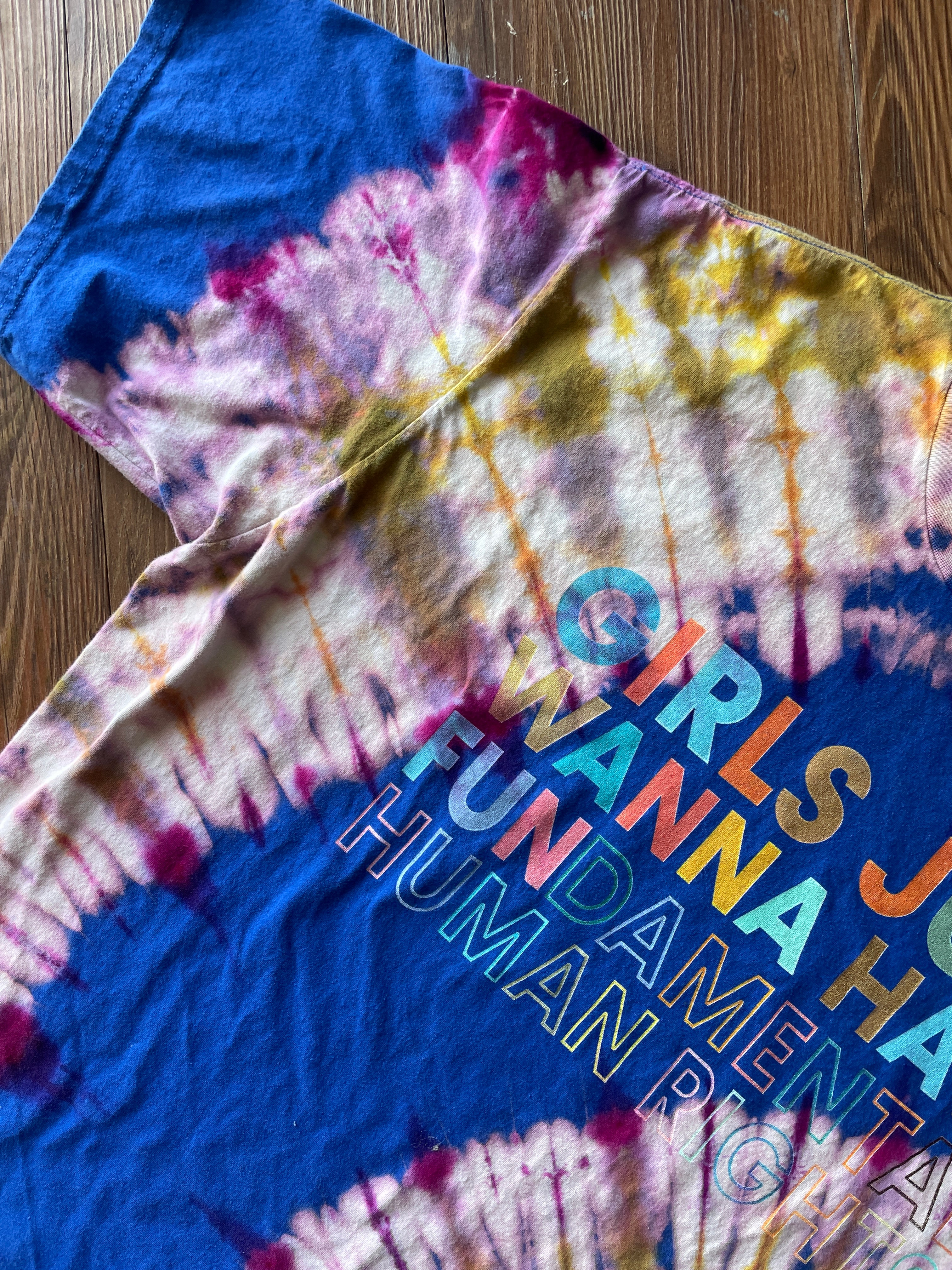 3XL Men’s Girls Just Wanna Have Fundamental Rights Handmade Tie Dye T-Shirt | One-Of-a-Kind Blue and Pink Spiral Short Sleeve