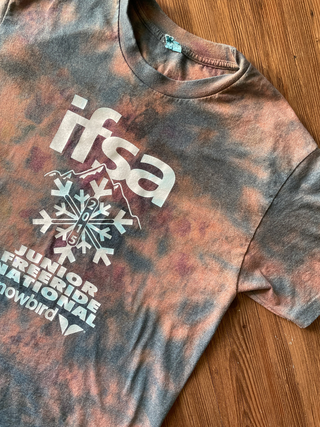 LARGE Men’s 2015 Snowbird IFSA Junior Nationals Galaxy Handmade Tie Dye T-Shirt | One-Of-a-Kind Pastel Blue Short Sleeve