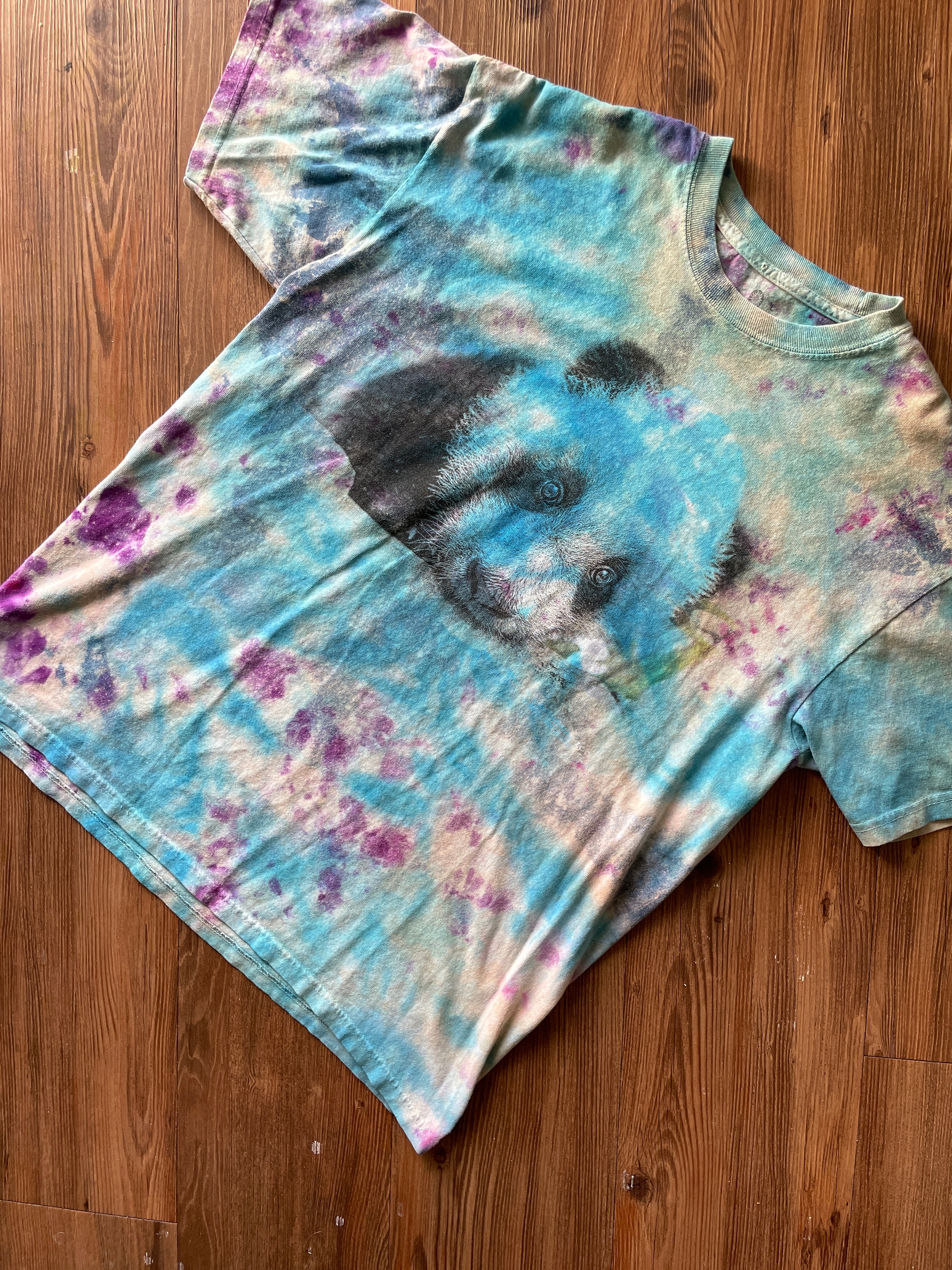 LARGE Men’s Giant Panda Galaxy Handmade Tie Dye T-Shirt | One-Of-a-Kind Pastel Blue and Purple Short Sleeve