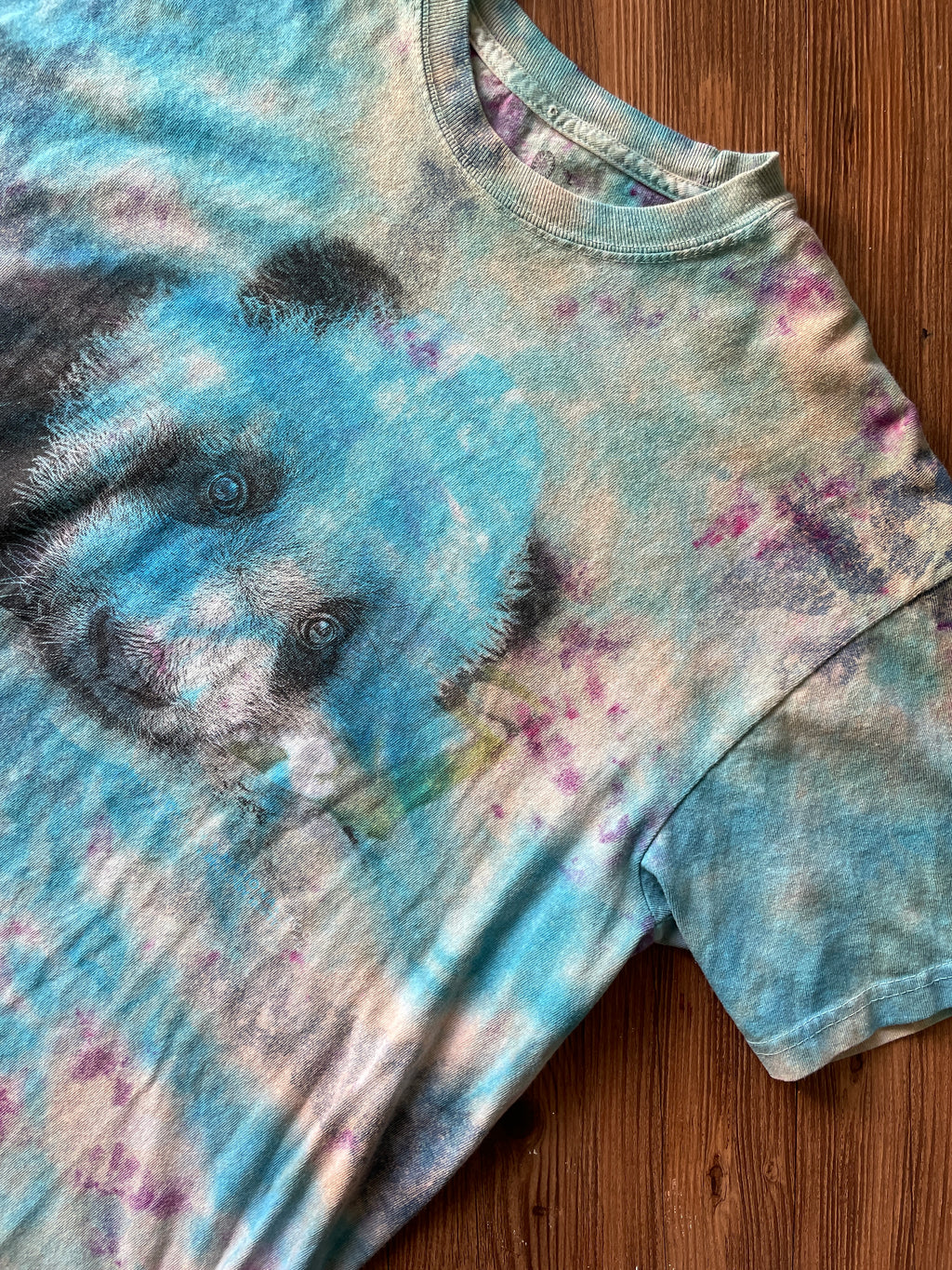LARGE Men’s Giant Panda Galaxy Handmade Tie Dye T-Shirt | One-Of-a-Kind Pastel Blue and Purple Short Sleeve