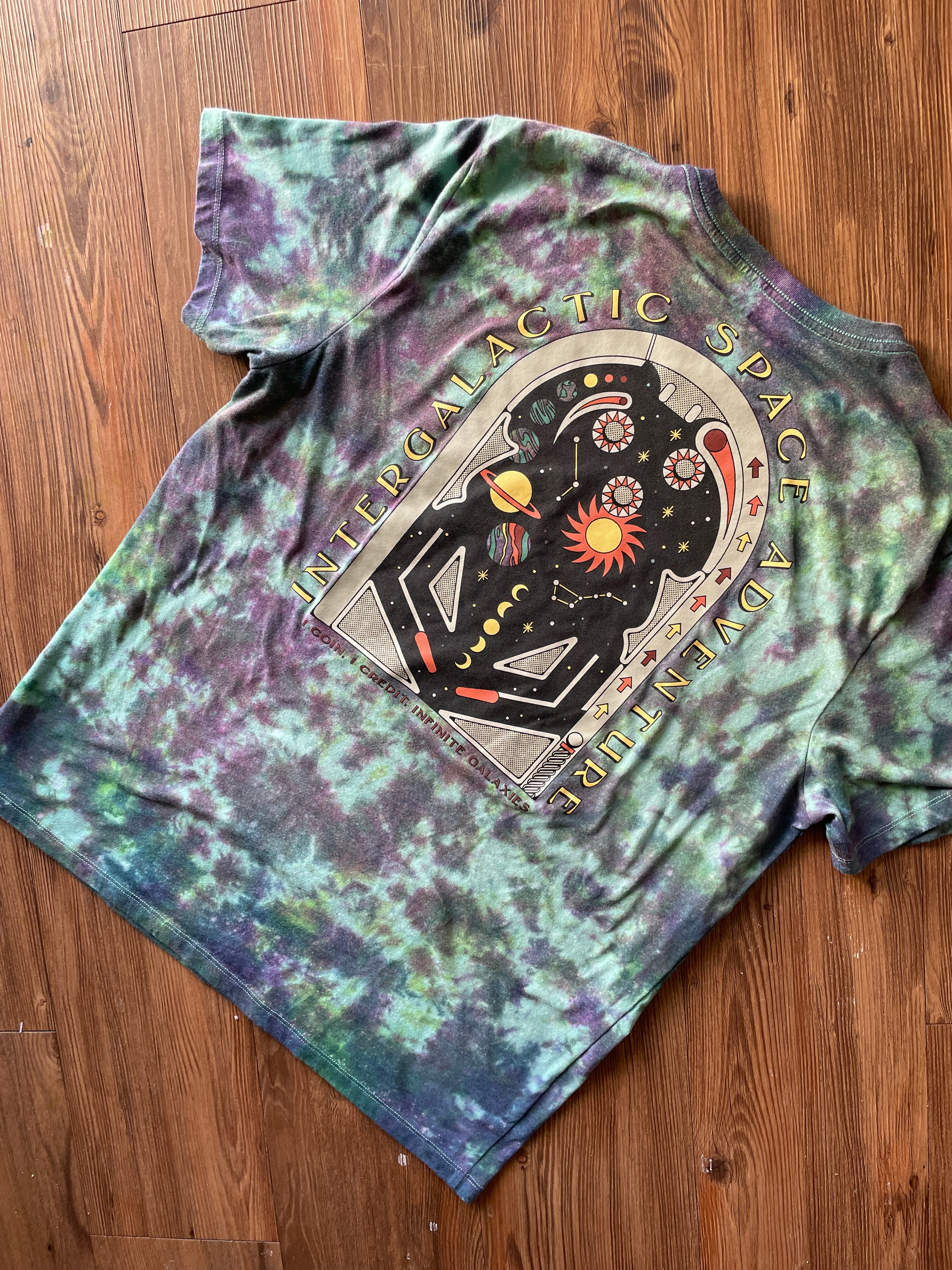 XL Men’s Intergalactic Space Adventure Pinball Galaxy Handmade Tie Dye T-Shirt | One-Of-a-Kind Blue and Purple Short Sleeve