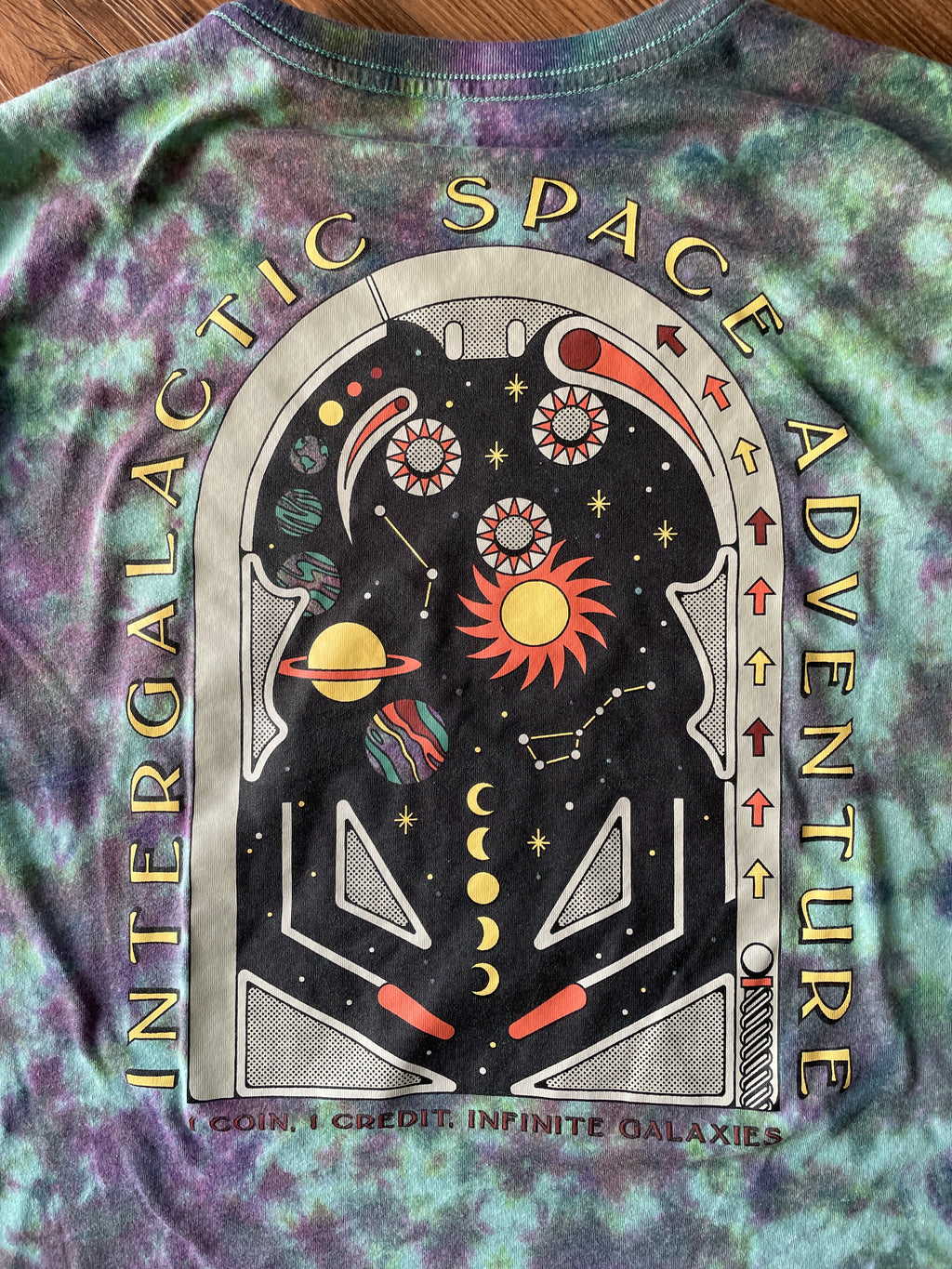 XL Men’s Intergalactic Space Adventure Pinball Galaxy Handmade Tie Dye T-Shirt | One-Of-a-Kind Blue and Purple Short Sleeve