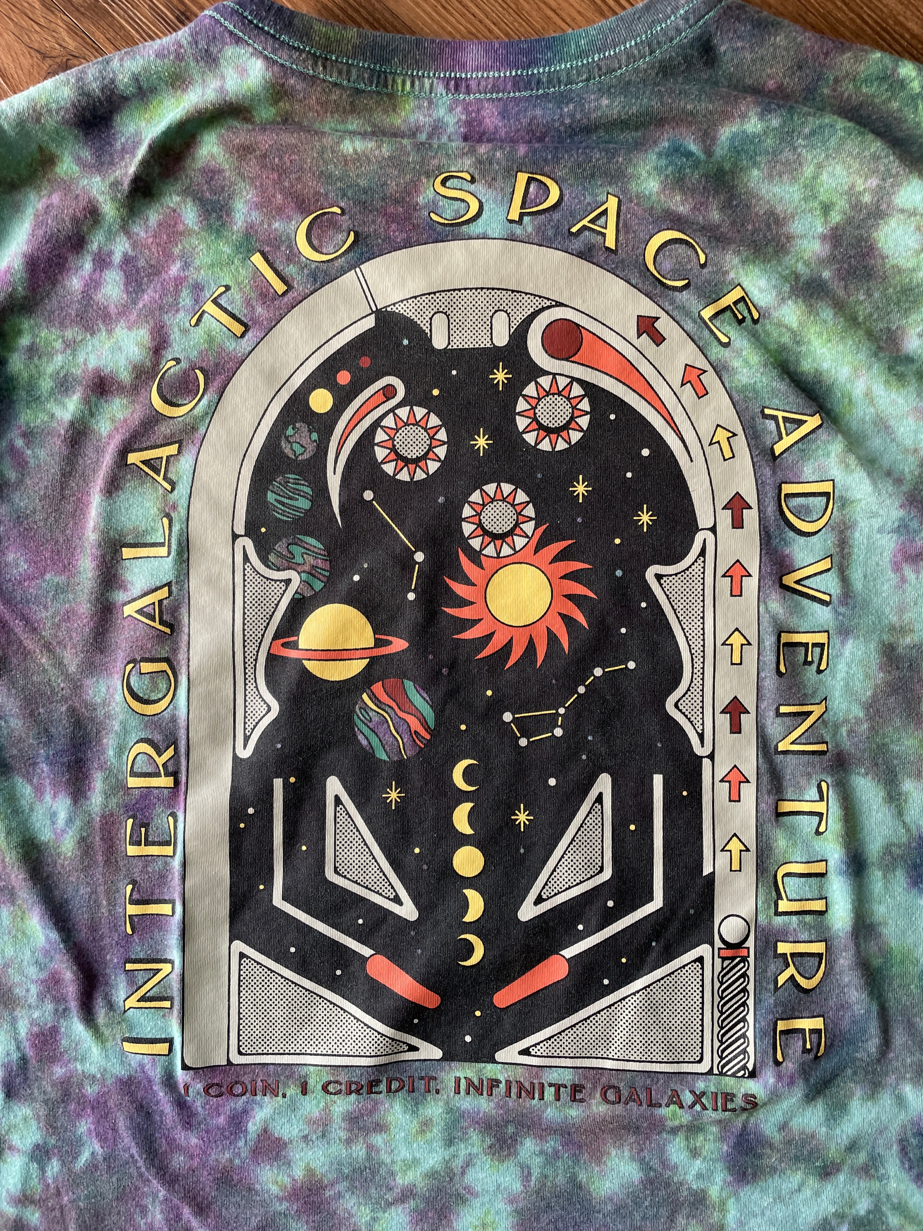 XL Men’s Intergalactic Space Adventure Pinball Galaxy Handmade Tie Dye T-Shirt | One-Of-a-Kind Blue and Purple Short Sleeve