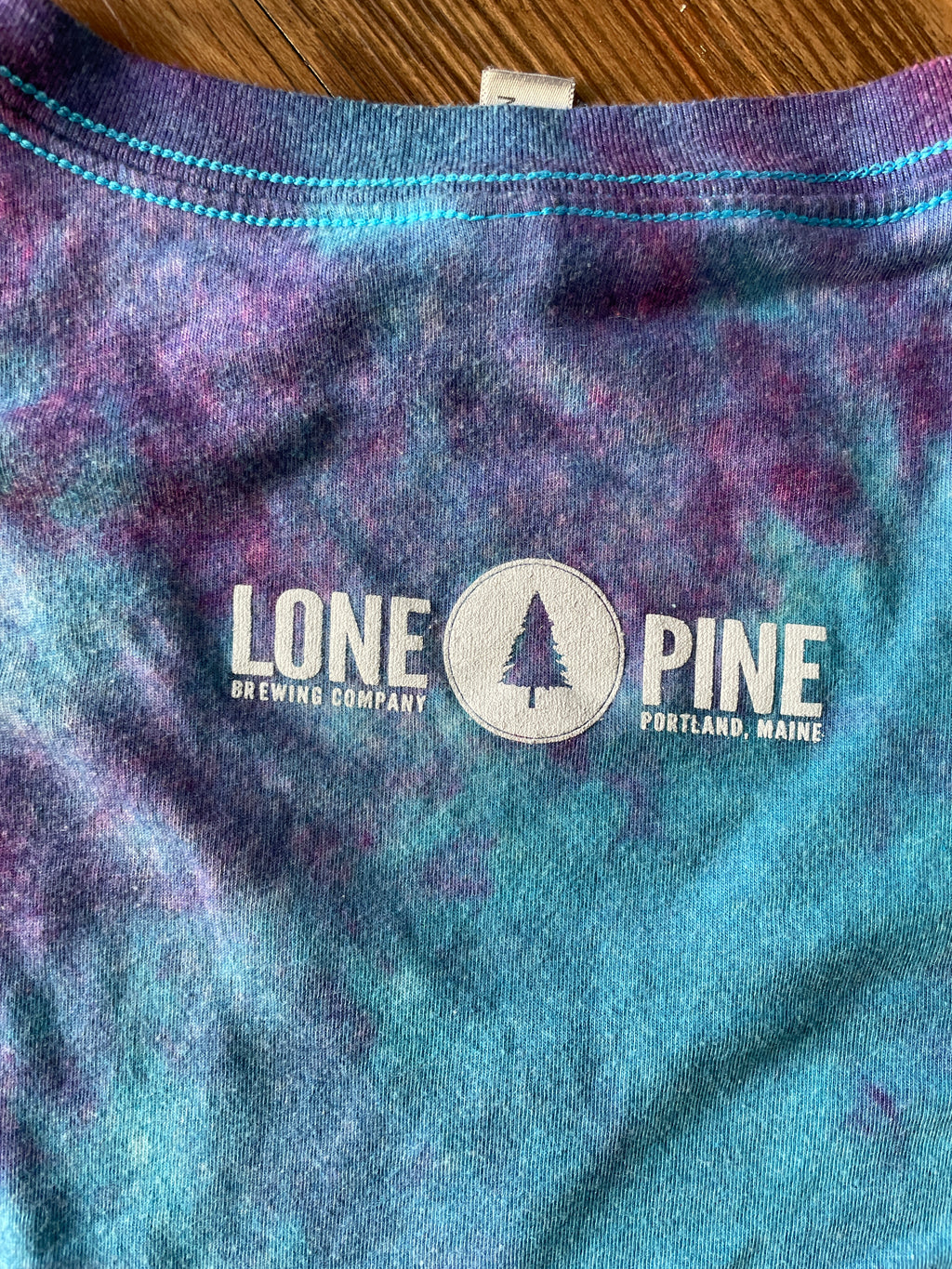 SMALL Women’s Lone Pine Brewing (Portland, Maine) Galaxy Handmade Tie Dye V-Neck T-Shirt | One-Of-a-Kind Pastel Blue and Purple Short Sleeve