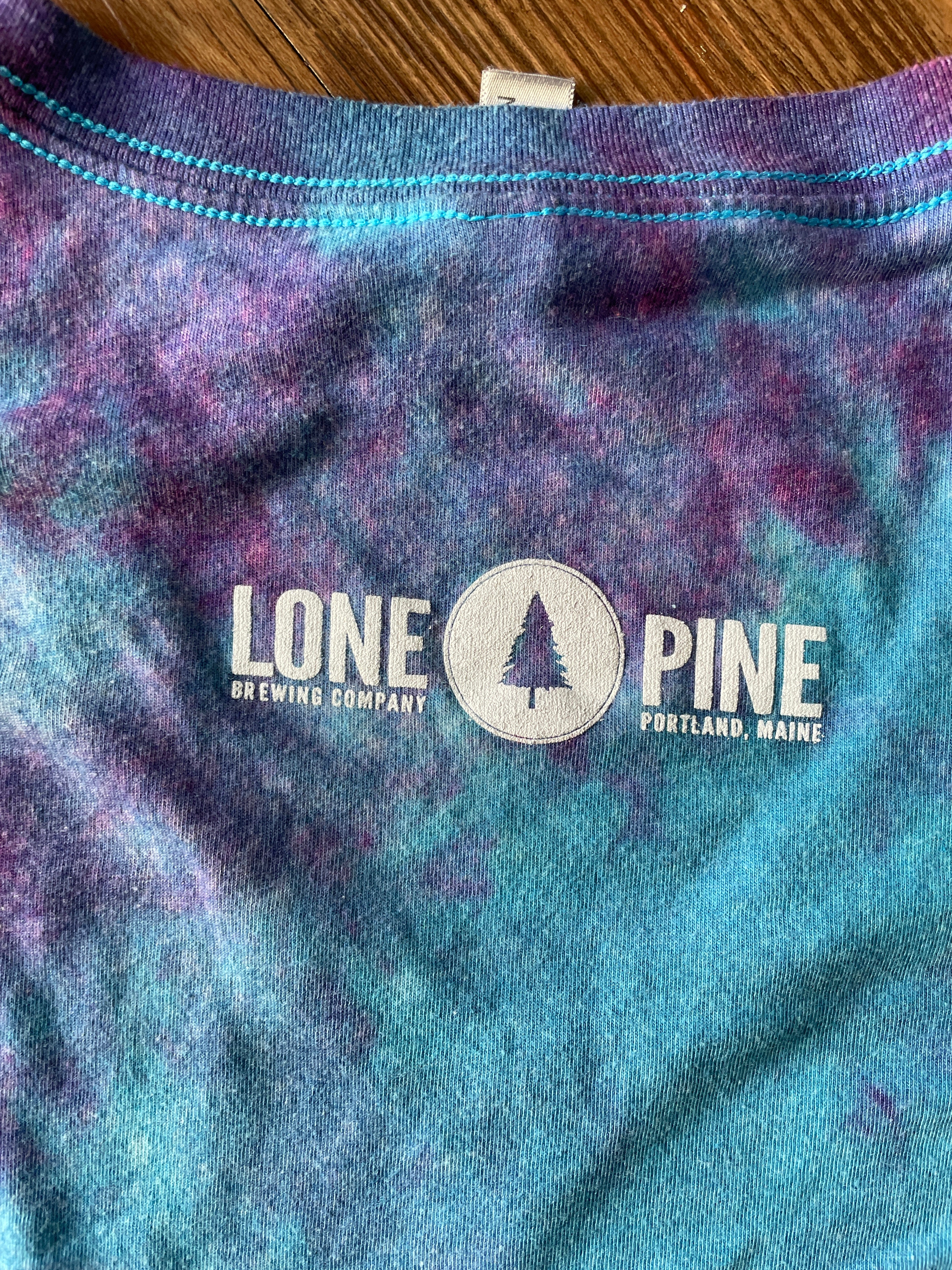 SMALL Women’s Lone Pine Brewing (Portland, Maine) Galaxy Handmade Tie Dye V-Neck T-Shirt | One-Of-a-Kind Pastel Blue and Purple Short Sleeve