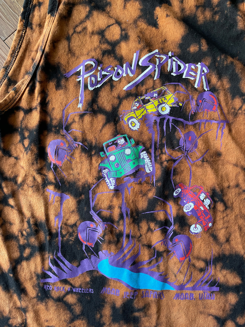 SMALL Men's Poison Spider Trail Moab, Utah Handmade Acid Dye Tank Top | One-Of-a-Kind Black and Bleach Short Sleeve