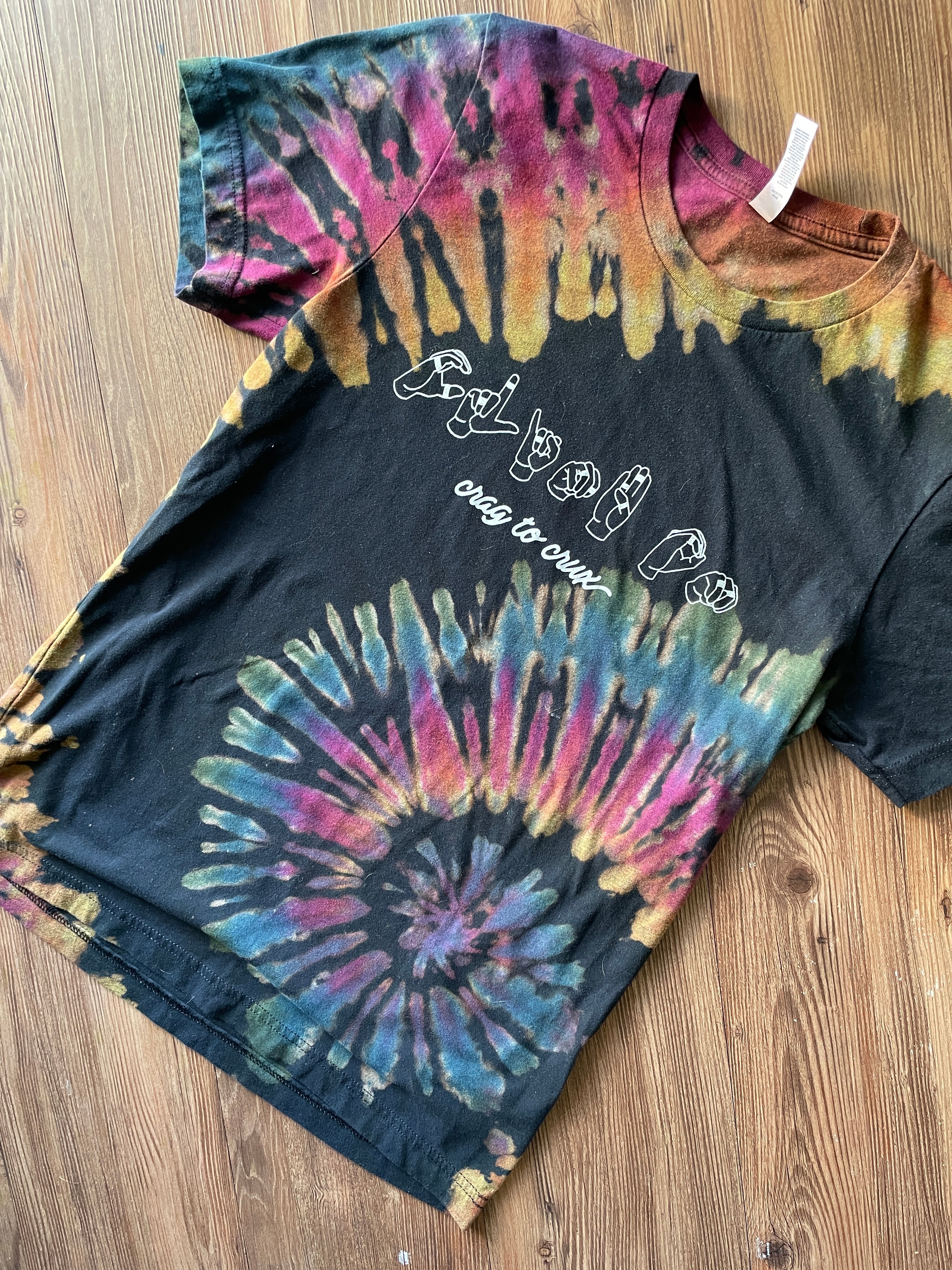 MEDIUM Men’s Climb On Sign Language Handmade Tie Dye T-Shirt | One-Of-a-Kind Black and Rainbow Short Sleeve