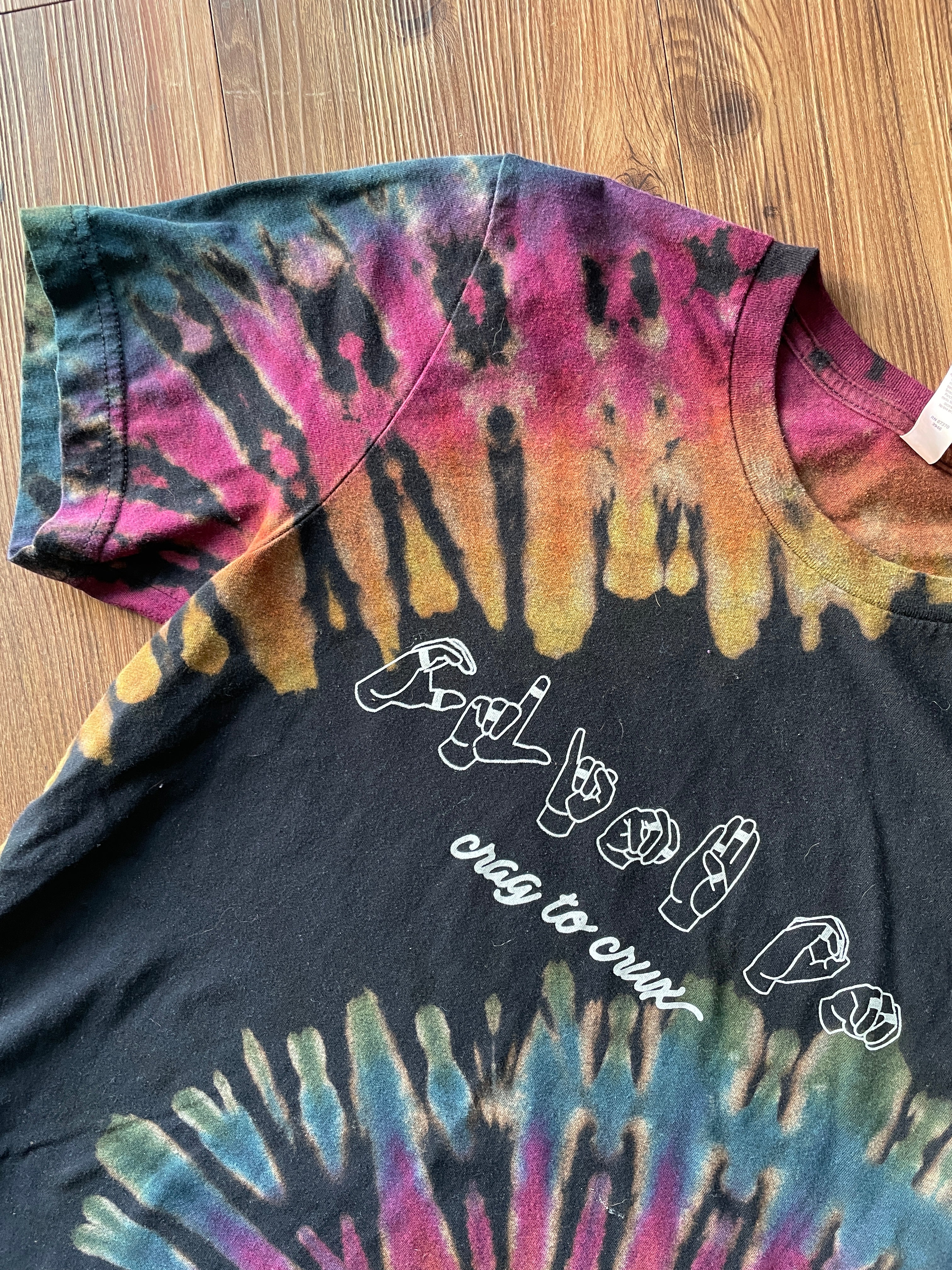 MEDIUM Men’s Climb On Sign Language Handmade Tie Dye T-Shirt | One-Of-a-Kind Black and Rainbow Short Sleeve