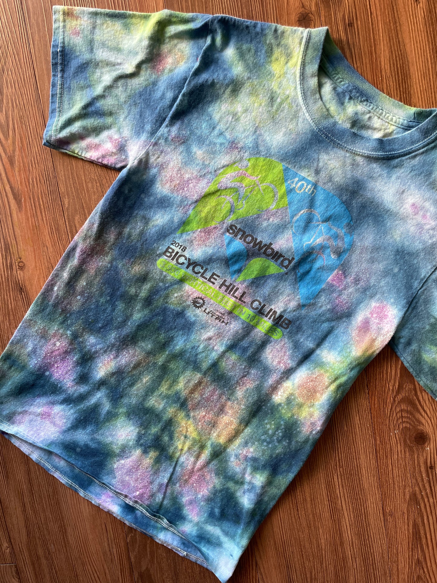 Small Men’s 2018 40th Annual Snowbird Bicycle Hill Climb Galaxy Handmade Tie Dye T-Shirt | One-Of-a-Kind Pastel Blue and Green Short Sleeve