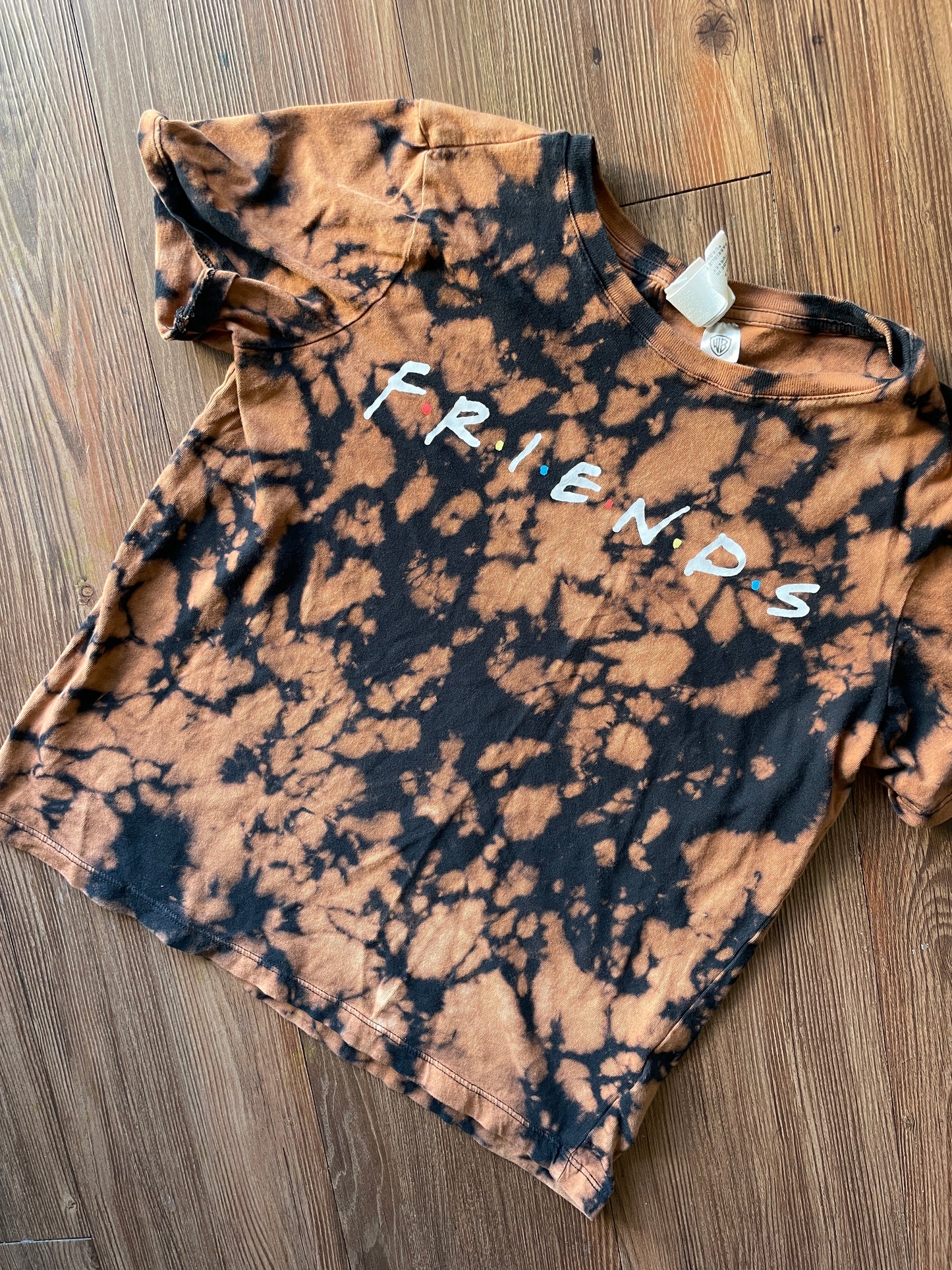 SMALL Women’s Friends Handmade Acid Dye T-Shirt | One-Of-a-Kind Black and Bleach Short Sleeve
