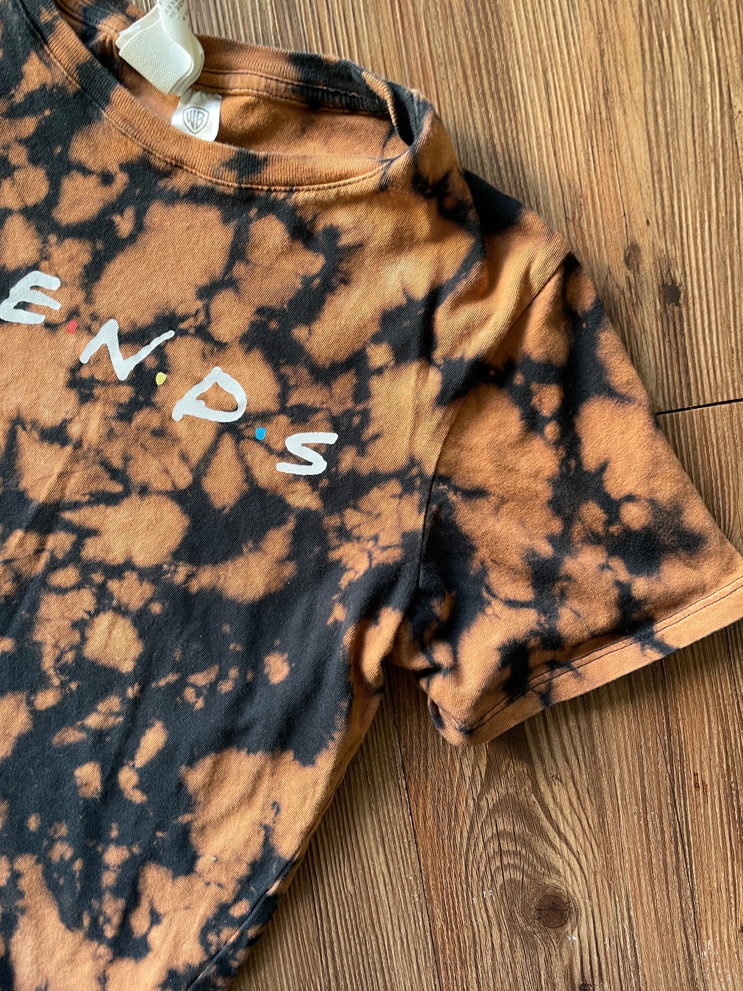 SMALL Women’s Friends Handmade Acid Dye T-Shirt | One-Of-a-Kind Black and Bleach Short Sleeve