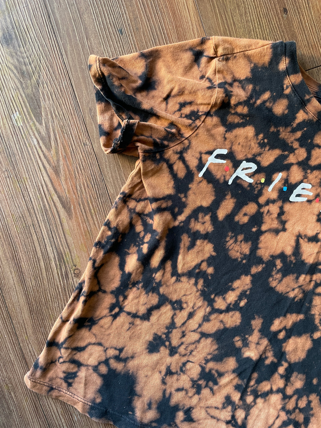 SMALL Women’s Friends Handmade Acid Dye T-Shirt | One-Of-a-Kind Black and Bleach Short Sleeve