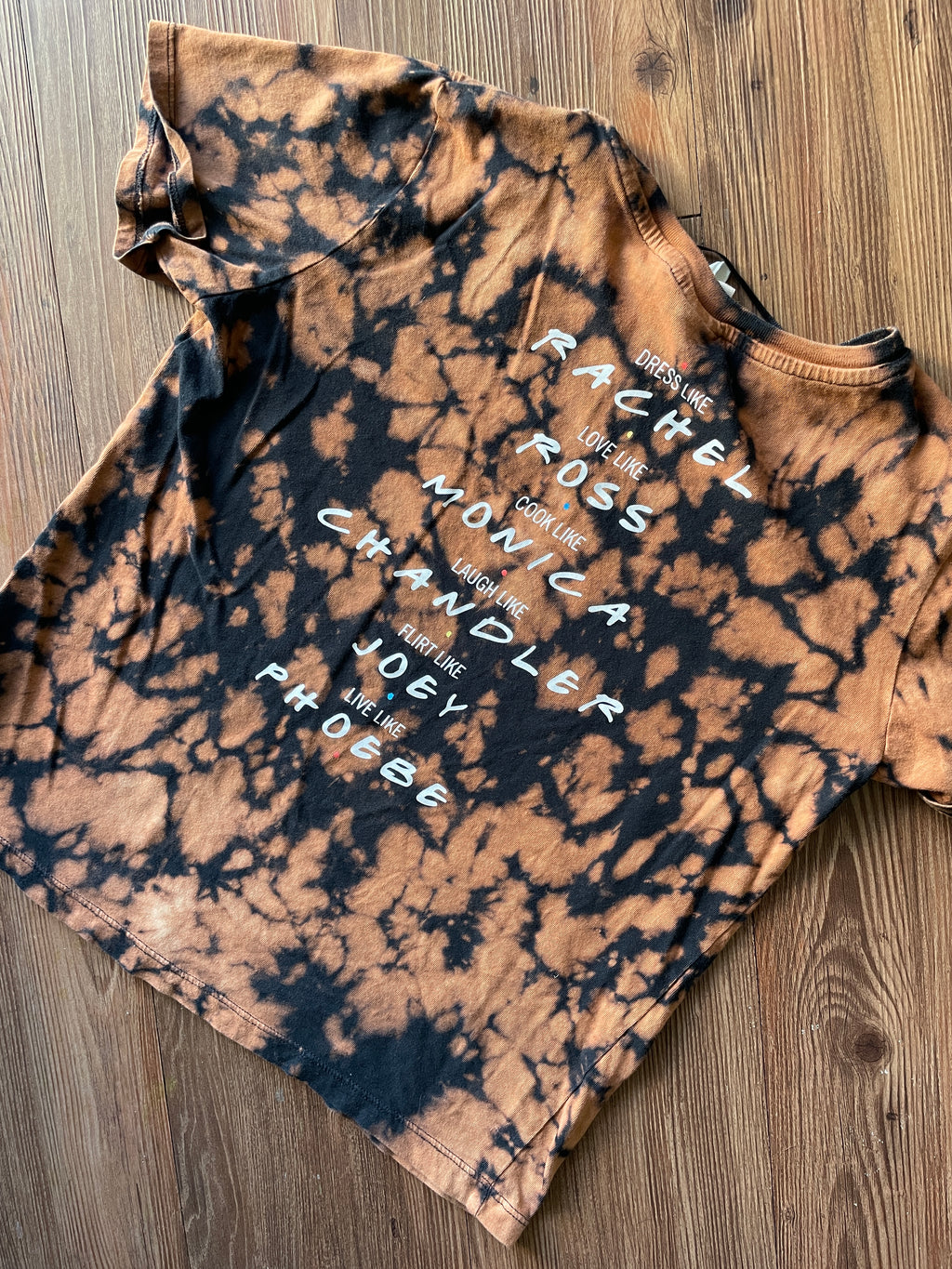 SMALL Women’s Friends Handmade Acid Dye T-Shirt | One-Of-a-Kind Black and Bleach Short Sleeve