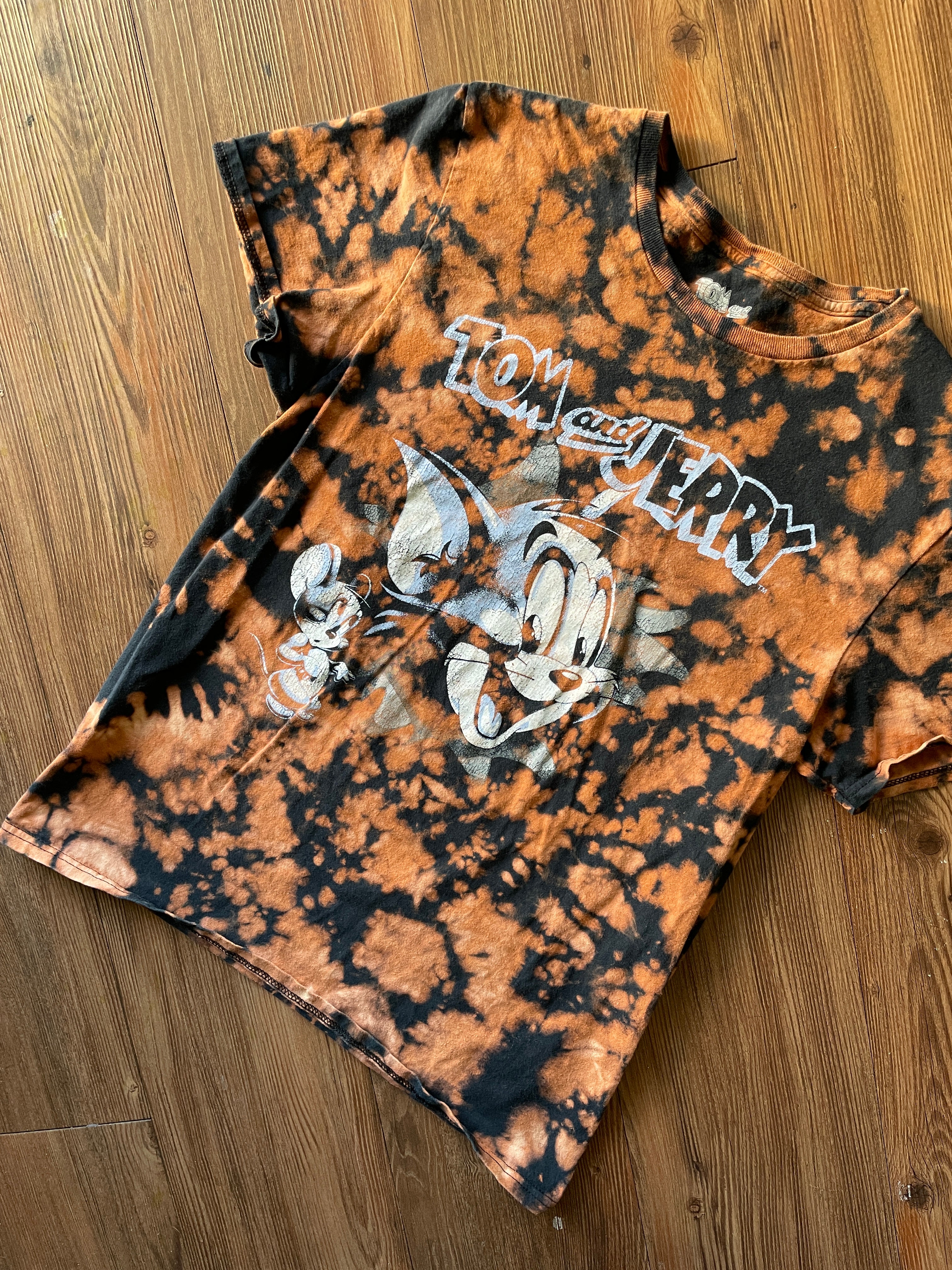 MEDIUM Women's Tom & Jerry Handmade Acid Dye T-Shirt | One-Of-a-Kind Black and Bleach Short Sleeve