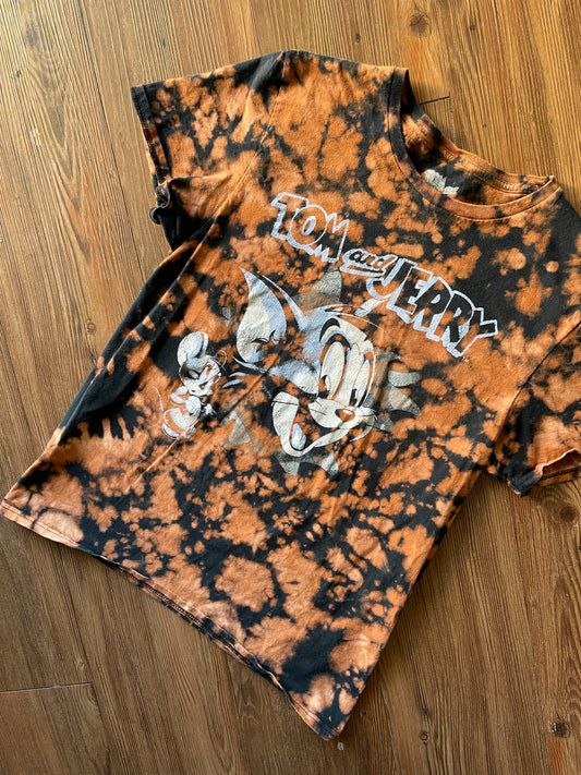 MEDIUM Women's Tom & Jerry Handmade Acid Dye T-Shirt | One-Of-a-Kind Black and Bleach Short Sleeve