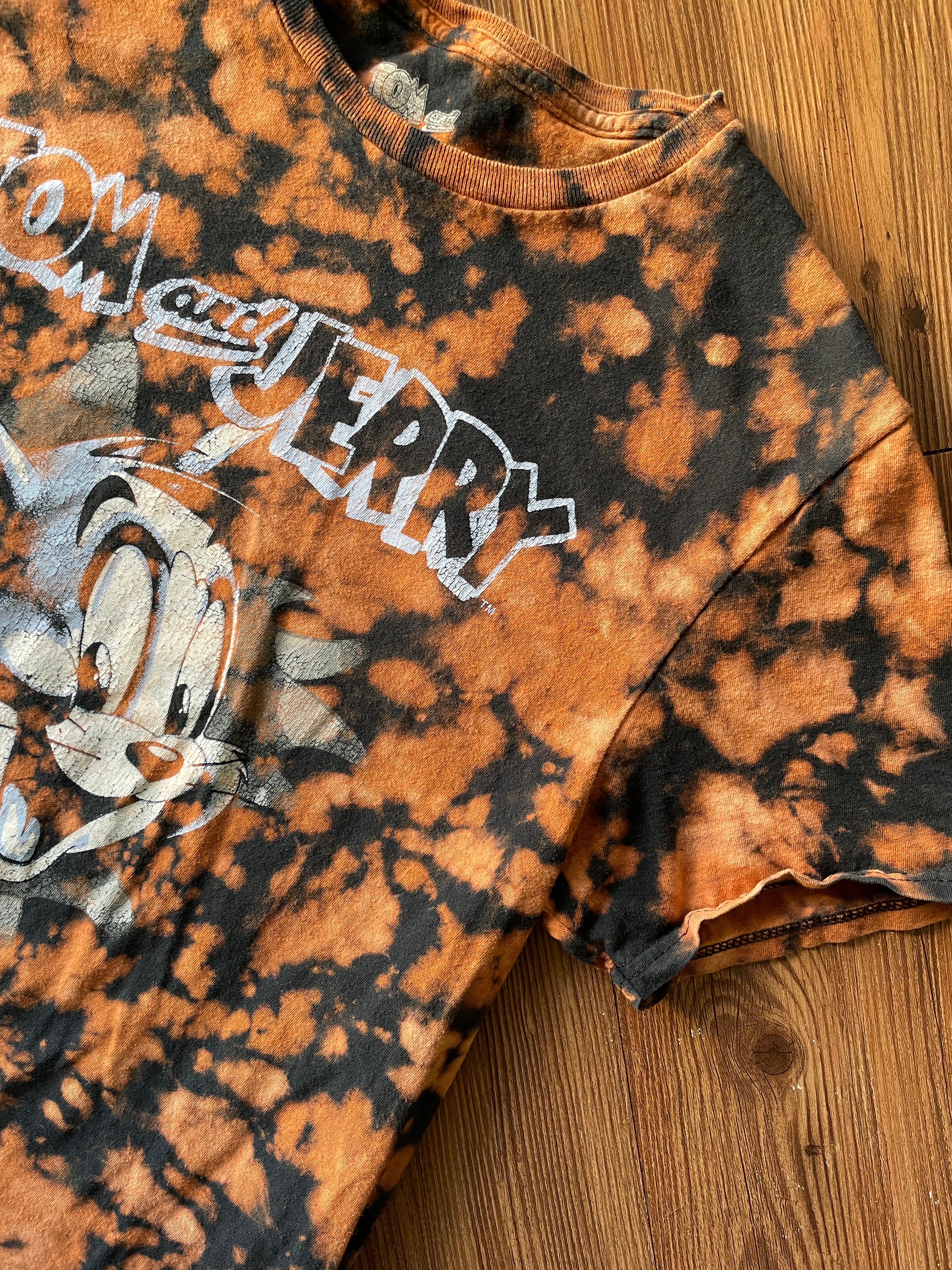 MEDIUM Women's Tom & Jerry Handmade Acid Dye T-Shirt | One-Of-a-Kind Black and Bleach Short Sleeve