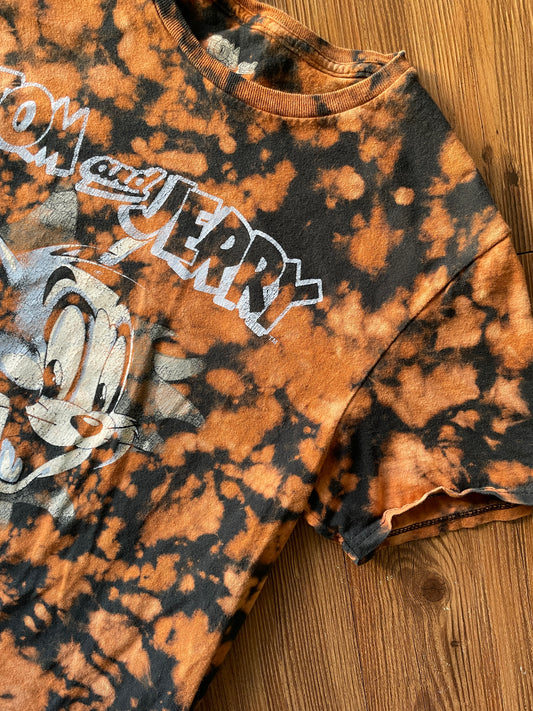 MEDIUM Women's Tom & Jerry Handmade Acid Dye T-Shirt | One-Of-a-Kind Black and Bleach Short Sleeve