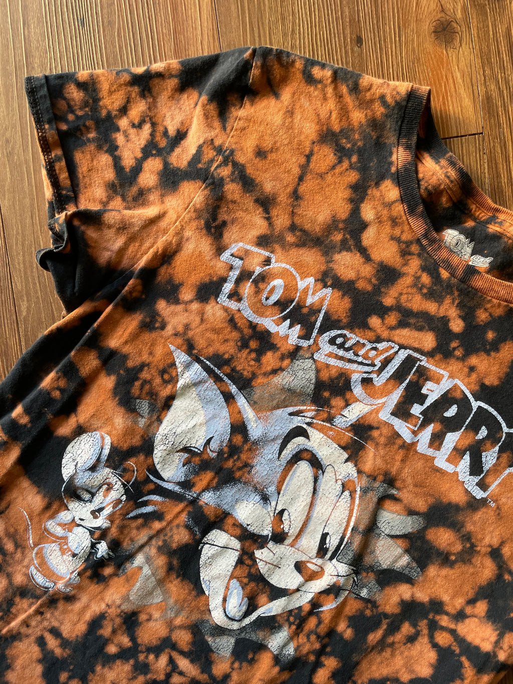 MEDIUM Women's Tom & Jerry Handmade Acid Dye T-Shirt | One-Of-a-Kind Black and Bleach Short Sleeve