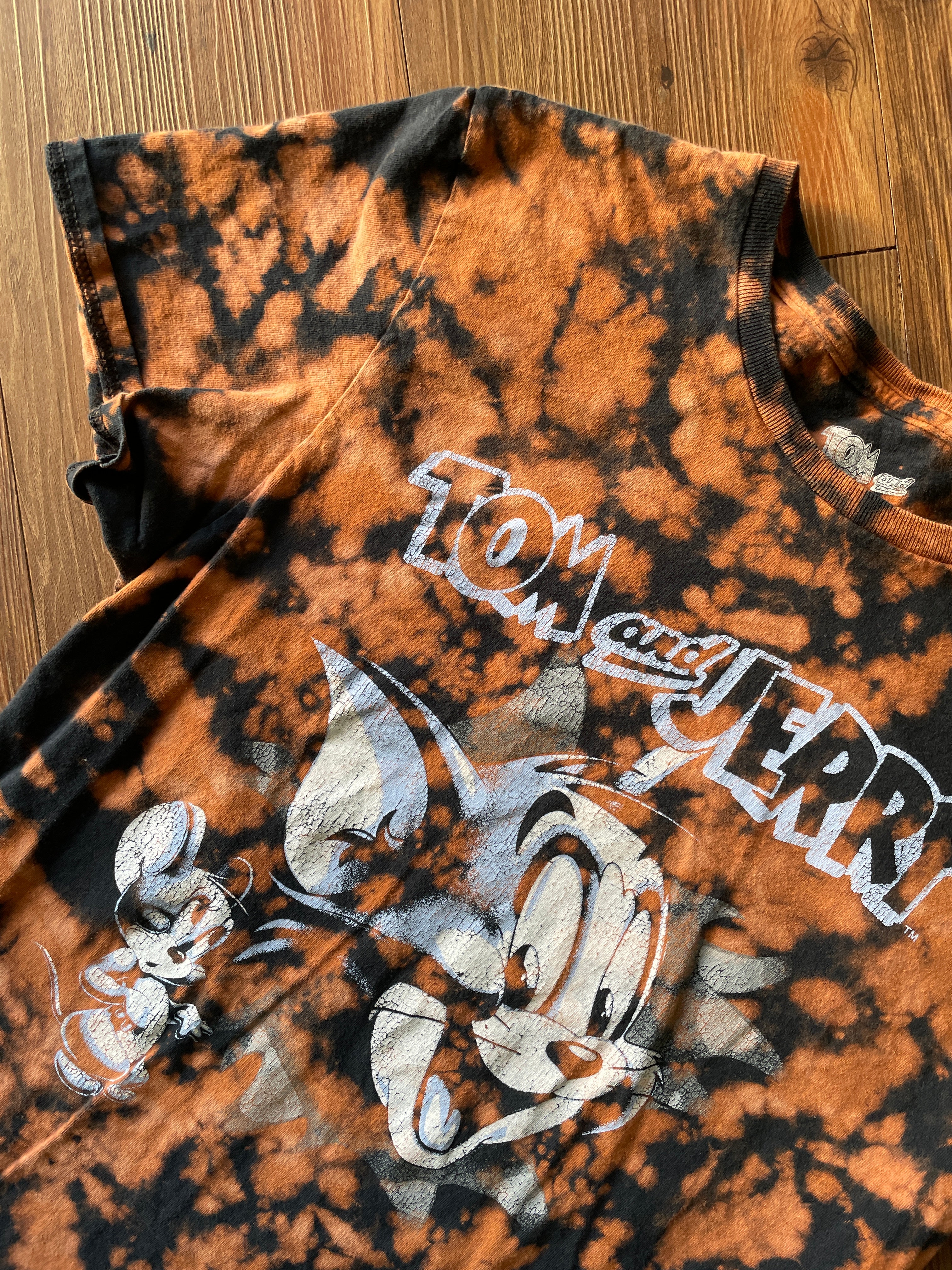 MEDIUM Women's Tom & Jerry Handmade Acid Dye T-Shirt | One-Of-a-Kind Black and Bleach Short Sleeve