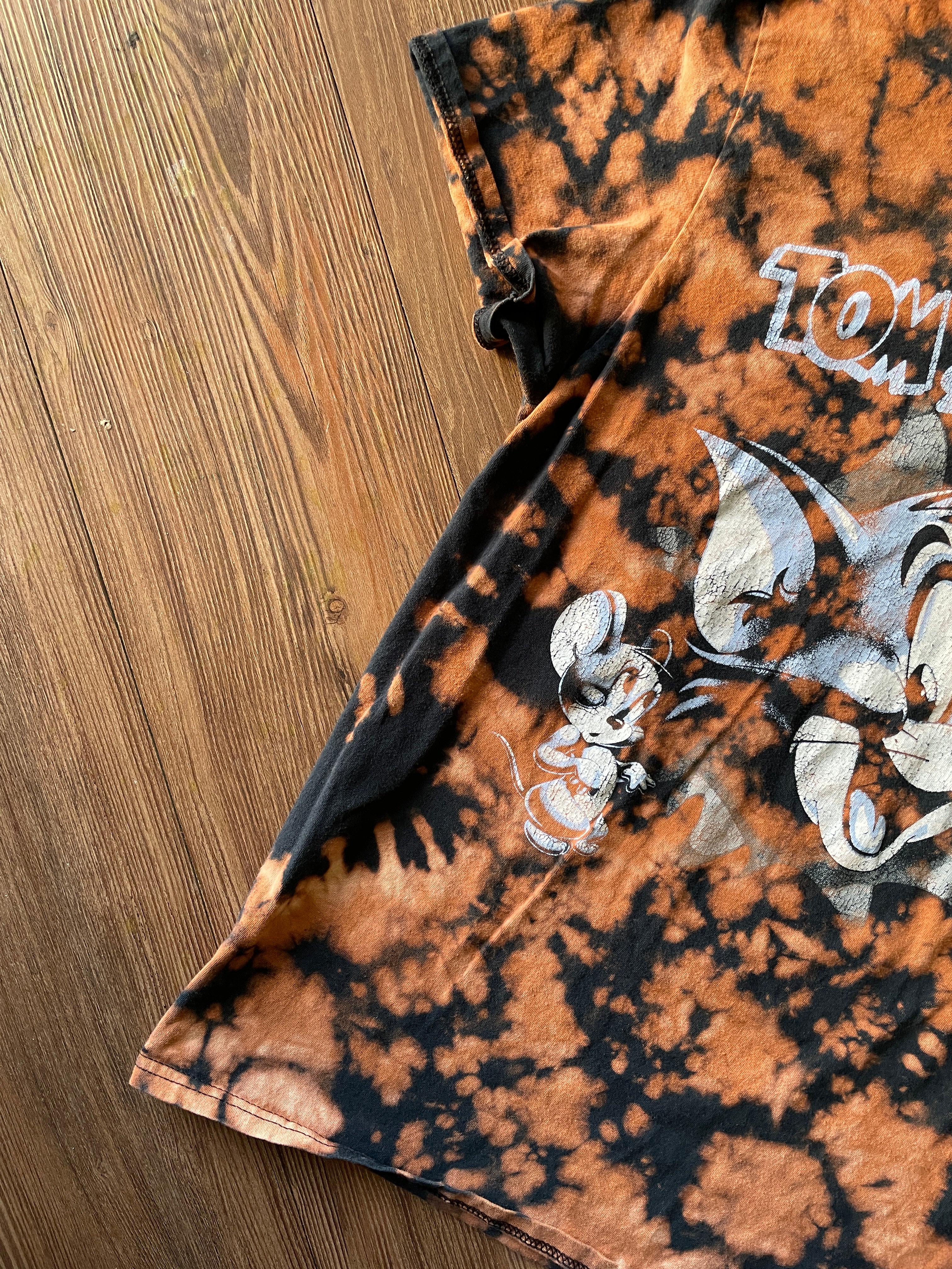 MEDIUM Women's Tom & Jerry Handmade Acid Dye T-Shirt | One-Of-a-Kind Black and Bleach Short Sleeve