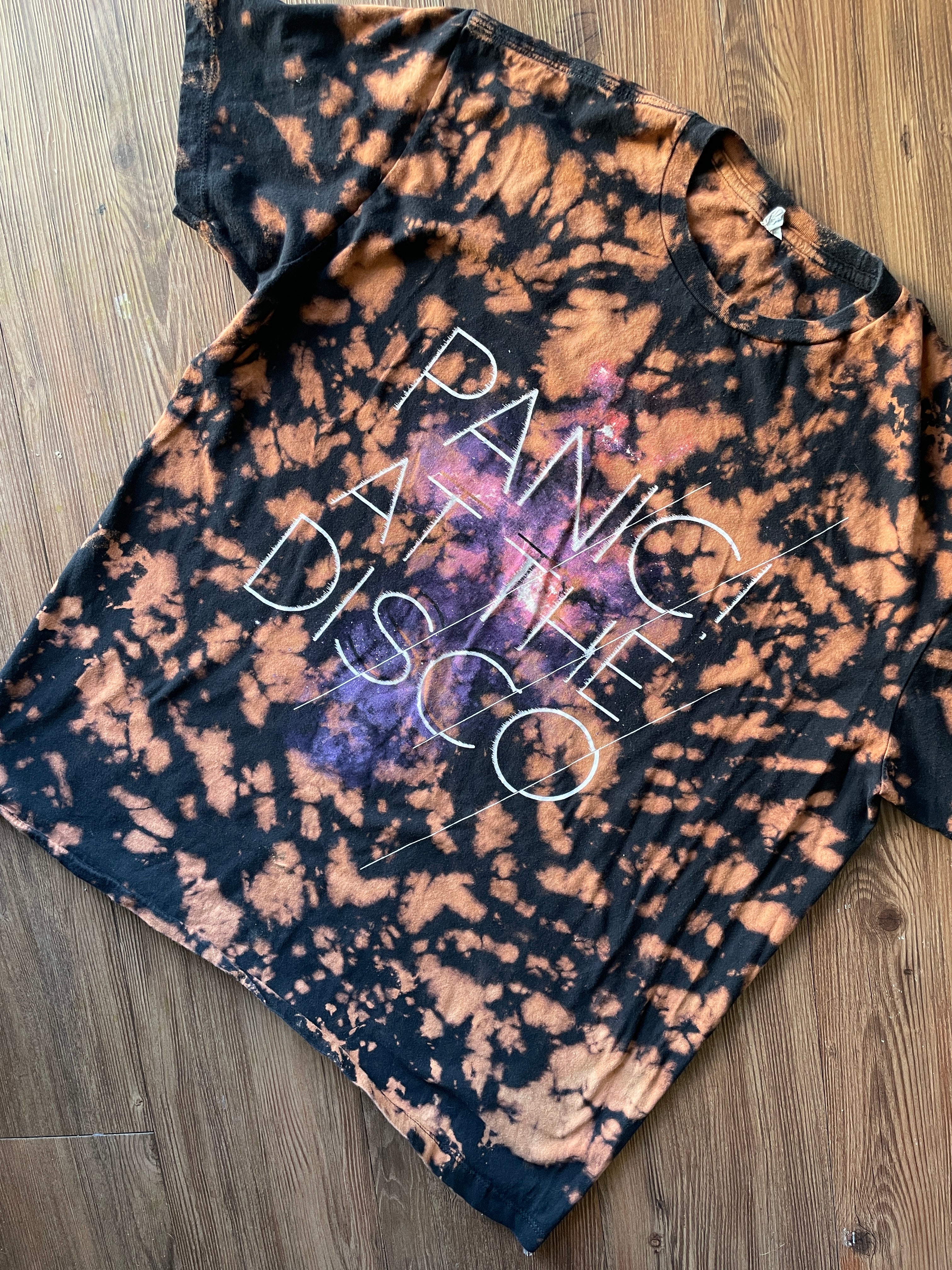 XL Men’s Panic! at the Disco Handmade Acid Dye T-Shirt | One-Of-a-Kind Black and Bleach Short Sleeve