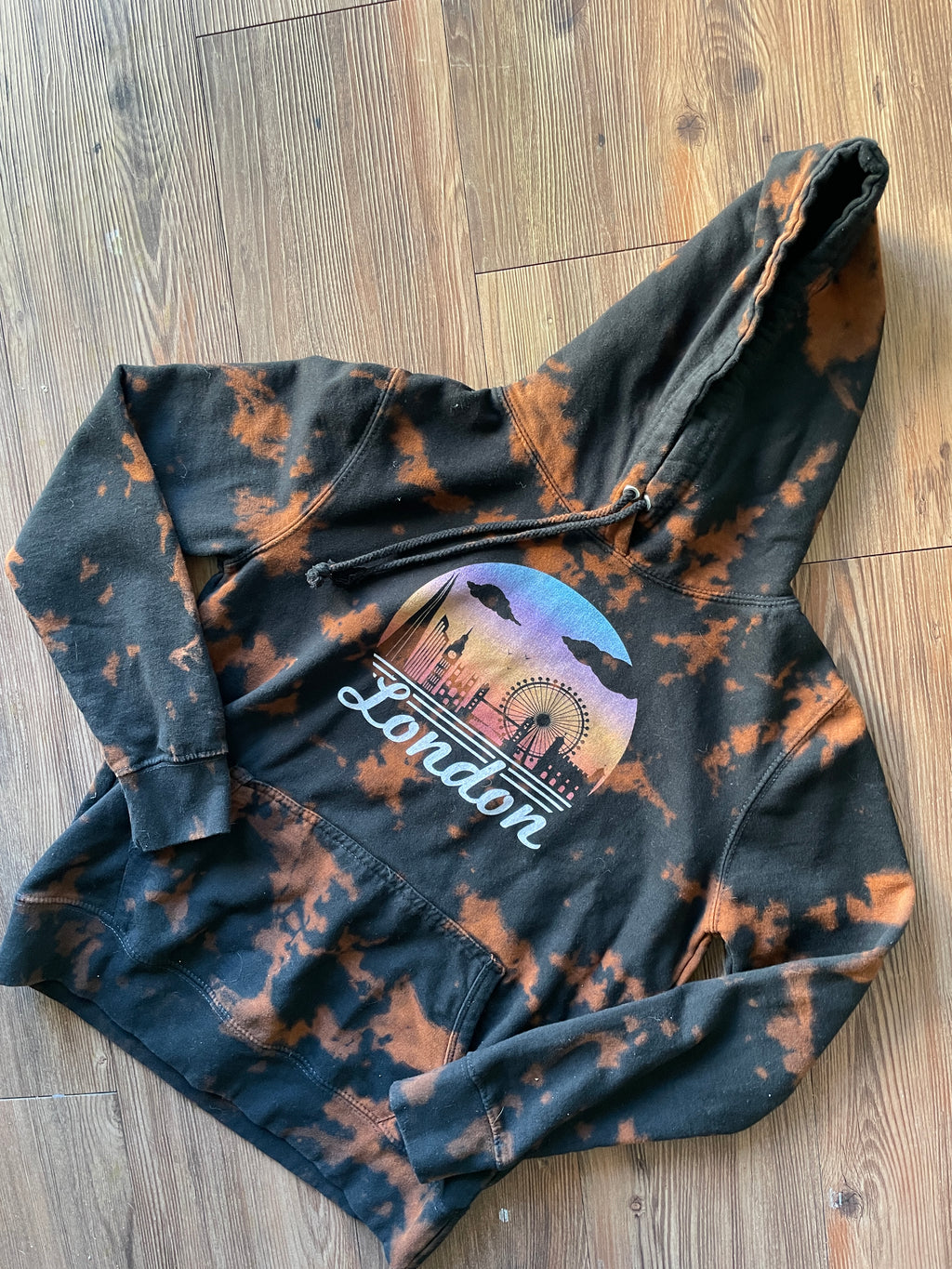 SMALL Women’s London Skyline Handmade Acid Dye Hoodie | One-Of-a-Kind Black and Bleach Long Sleeve Sweatshirt